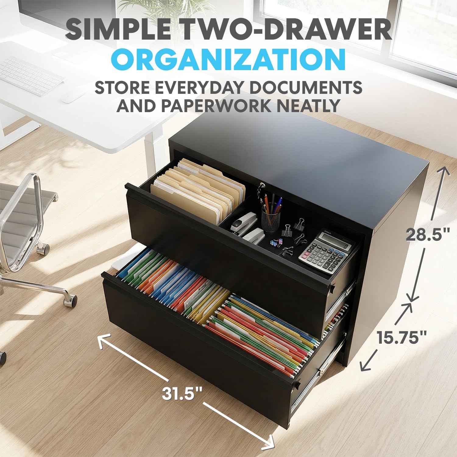 SIMPLI-Magic 2-Drawer File Cabinet with Lock - Metal Filing Cabinet for Home Office, Letter/Legal/F4/A4 Hanging Files, Compact Space-Saving Design, Black