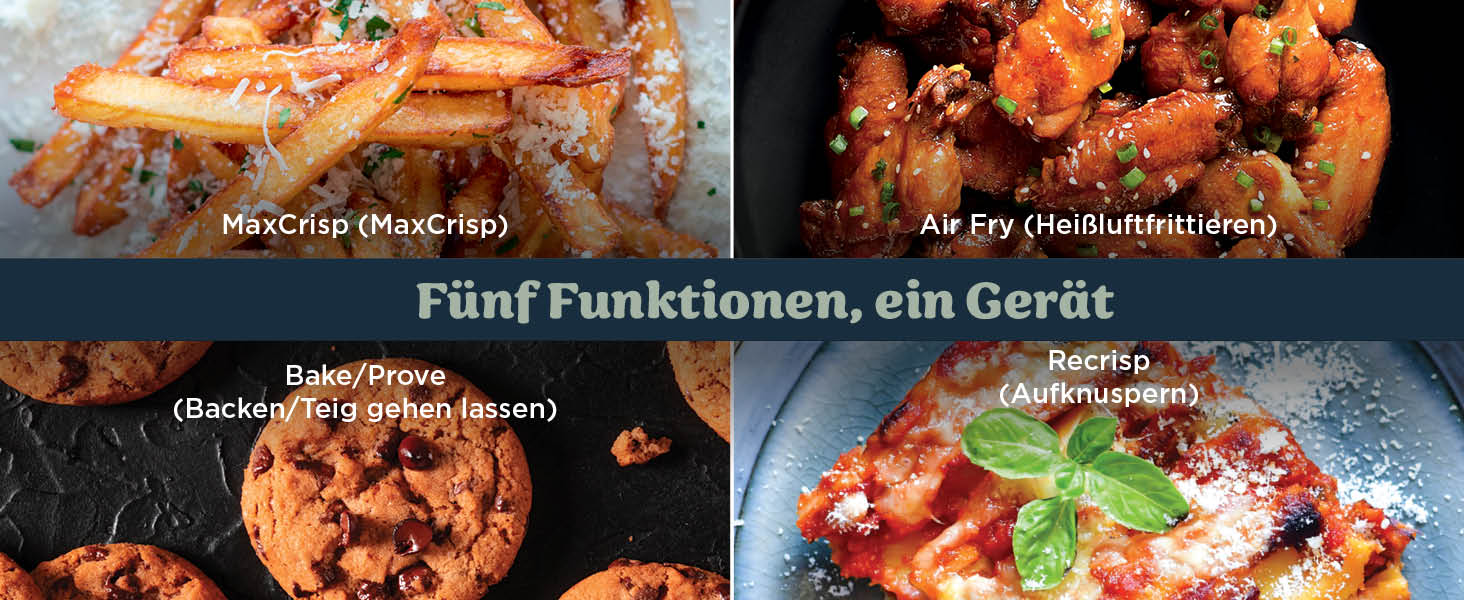 El texto dice «Cinco funciones, un dispositivo». Imágenes de varios platos que muestran alimentos a la parrilla o fritos con guarniciones, dispuestos en formato de collage.