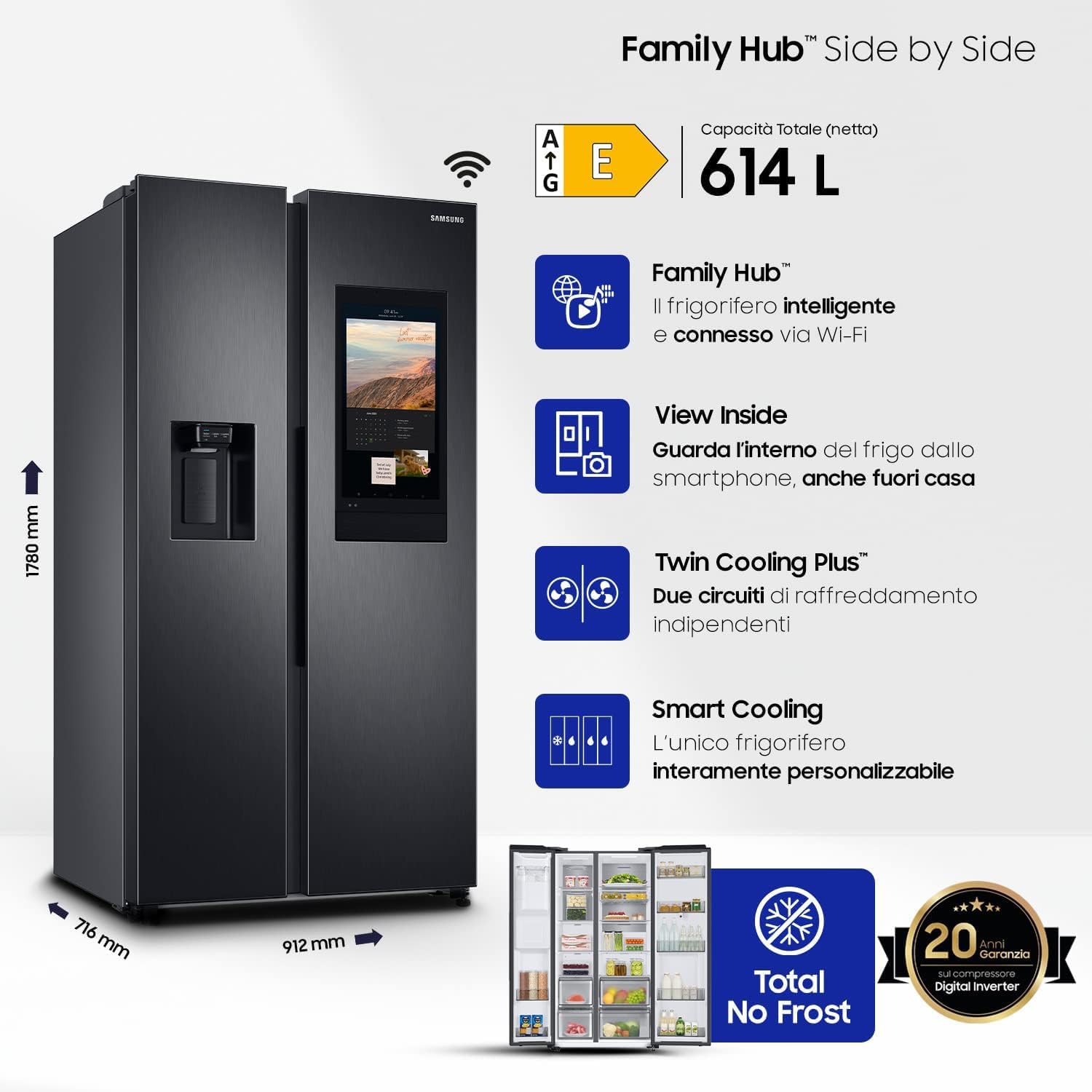 Frigorifero Side By Side con Family Hub™ RS6HA8891B1/EF, Libera installazione, Dispenser dell'acqua, Twin Cooling Plus™, Wifi, 614L, 91l x 178h x 72p cm