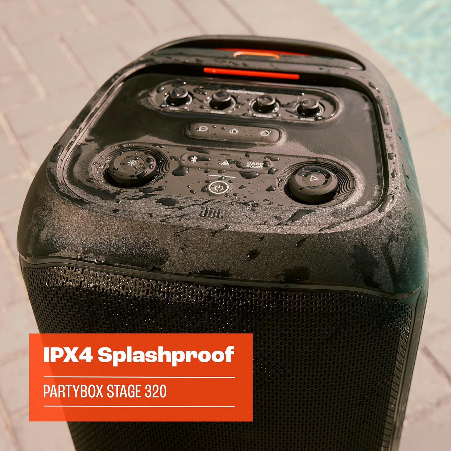 JBL Partybox Stage 120 fekete színben – Hordozható Bluetooth hangszóró JBL Pro Sounddal, fényshow-val, AI Sound Boost funkcióval és teleszkópos fogantyúval – 12 óra üzemidő