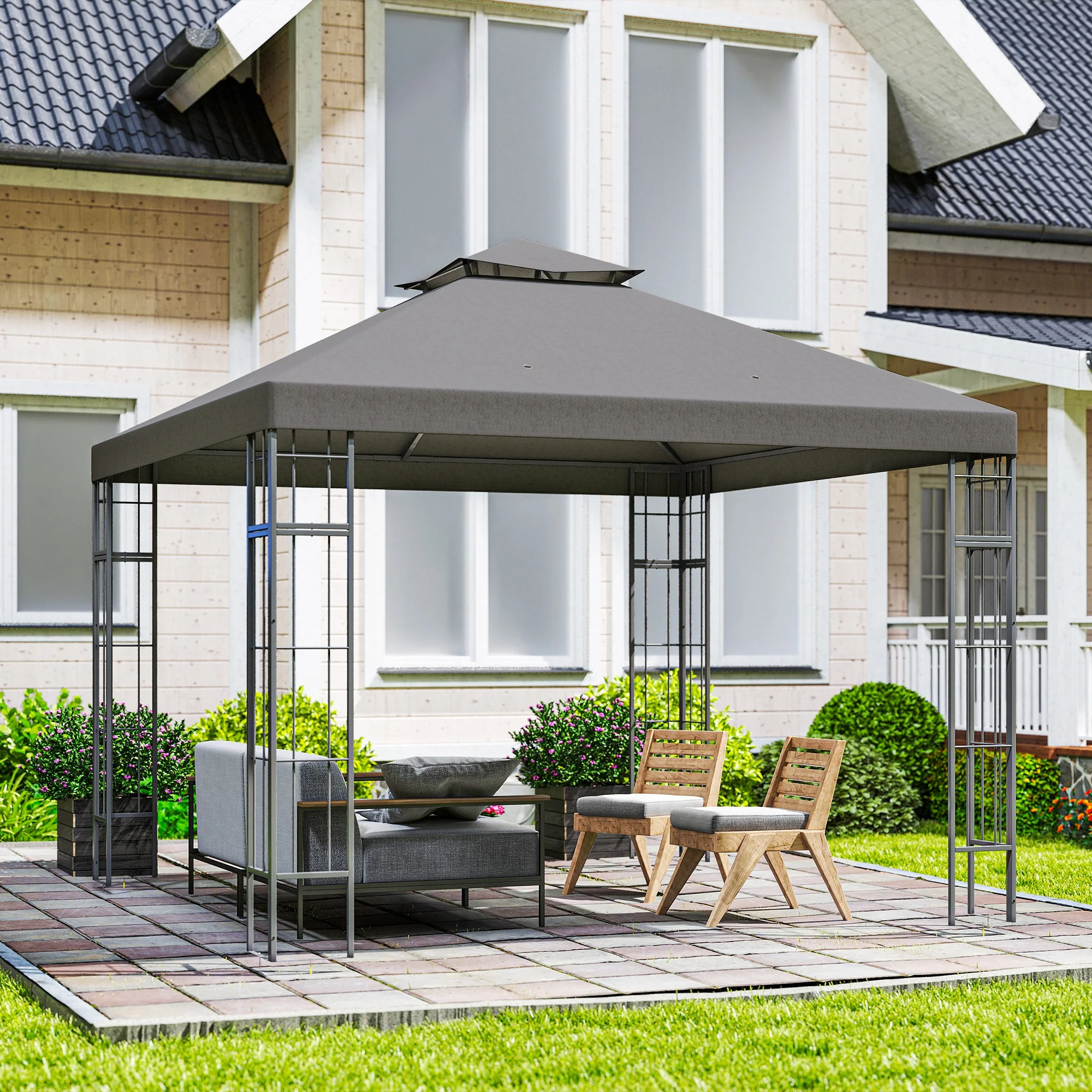 Outsunny 3 x 3 m Tuinpaviljoen, 2-Laags Dakontwerp, UV30+ Bescherming, UV-bestendig, Zonbescherming, Metalen Frame, Donkergrijs