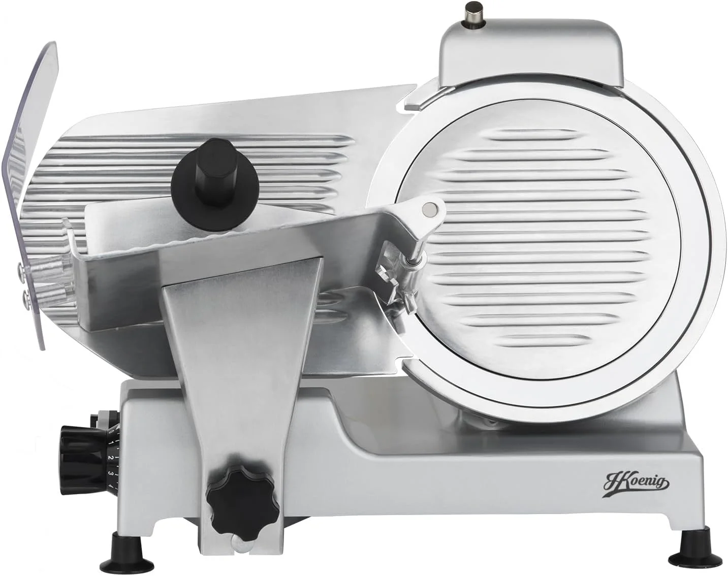 H.Koenig MSX250 Professional Precision Electric Meat Slicer 0-12 mm Cutting Thickness 25 cm Italian Blade Integrated Sharpener Wide Tray 282 RPM Silver
