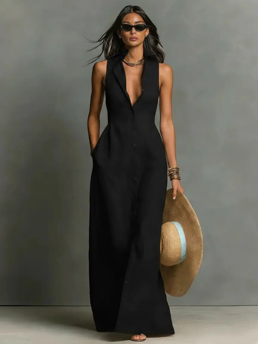 Women��s Sleeveless Maxi Dress Collared Button-Front Linen Design