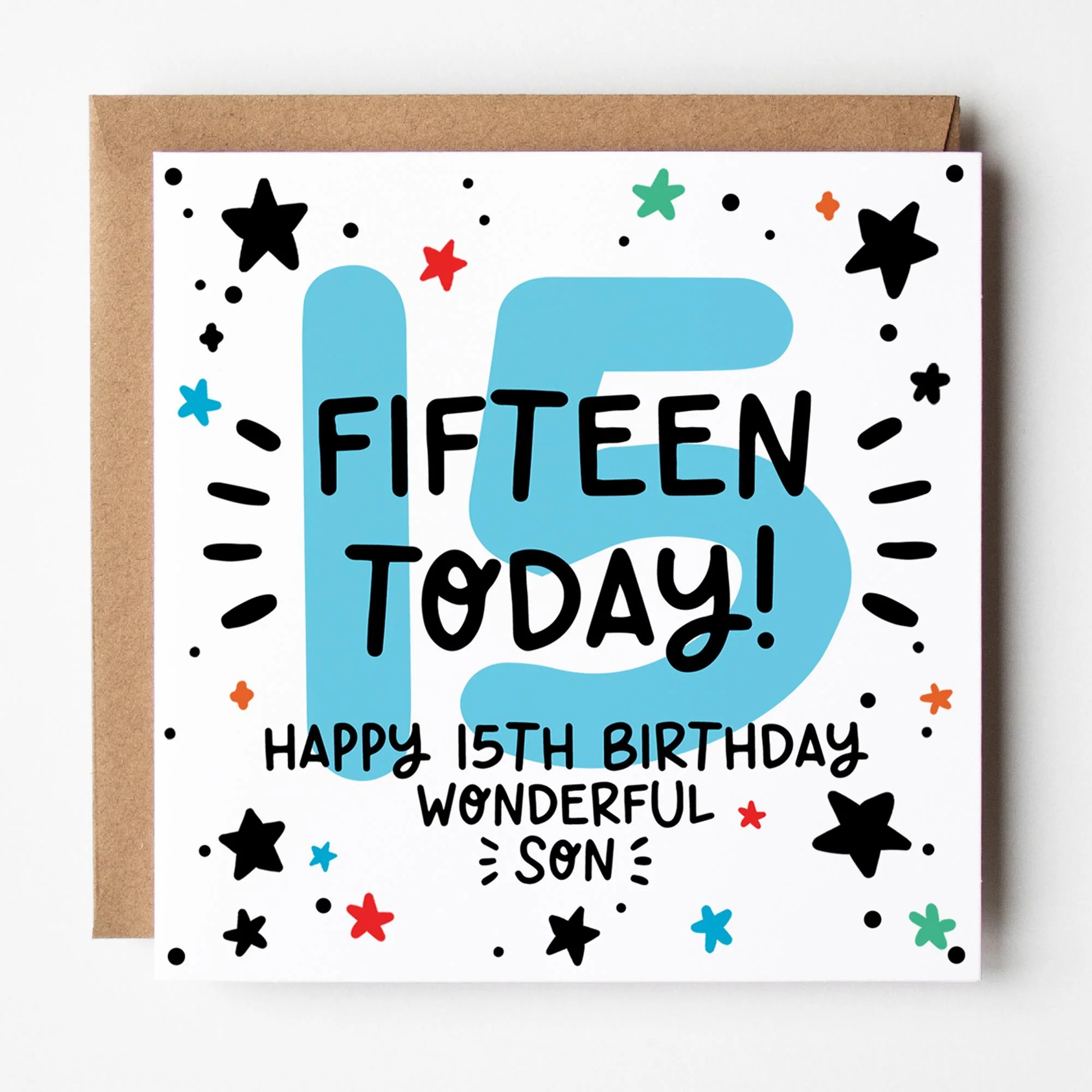 Son 15th Birthday Card: 15, Fifteen Today with Stars and Kraft Envelope