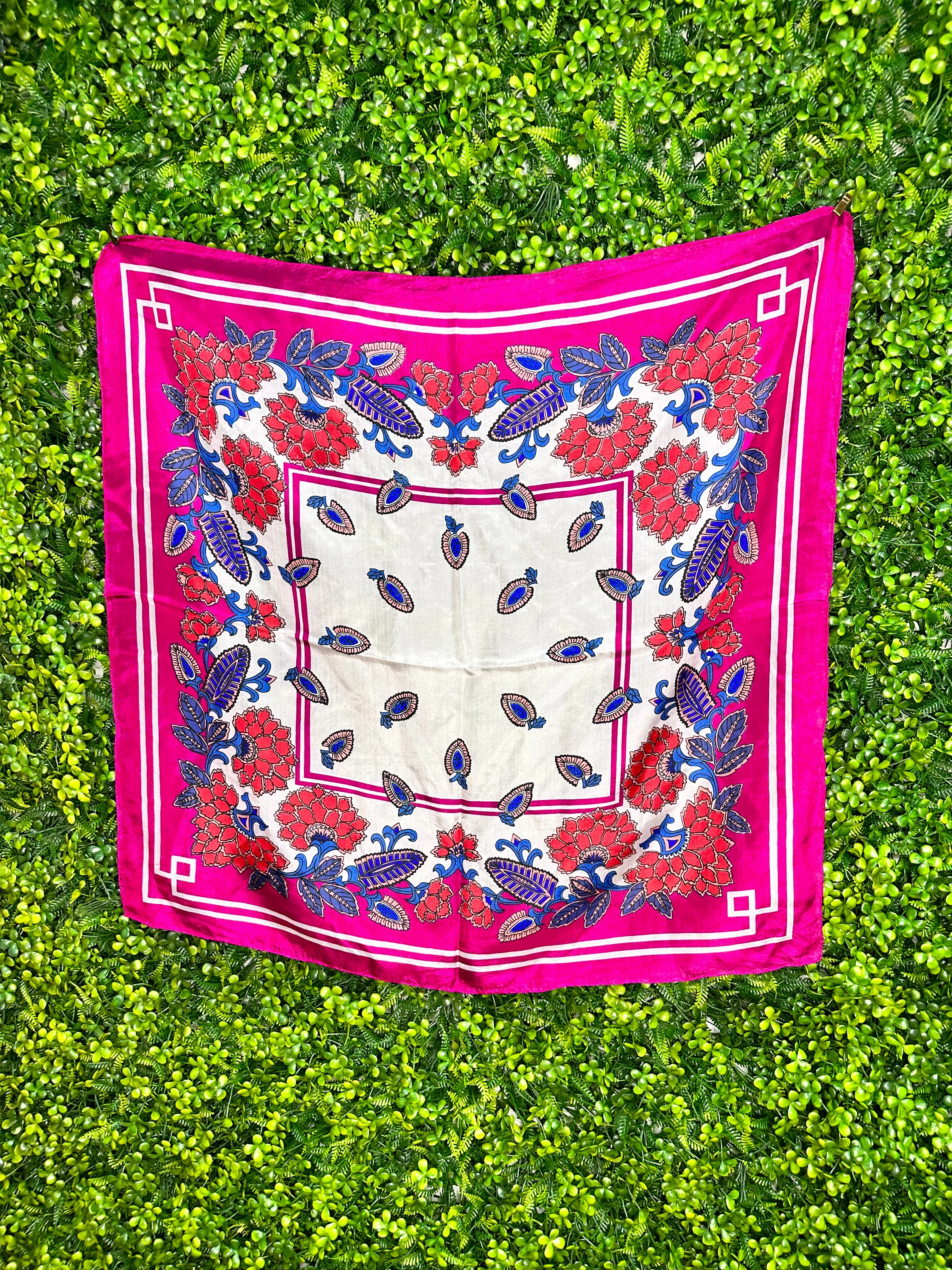 1950s Pure Silk Scarf with Florals and Borders