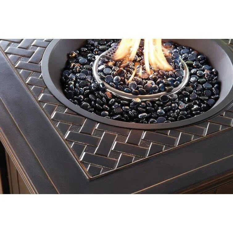 2025 5-piece steel patio fire pit seating set with navy blue cushions, swivel gliders and square fire pit table