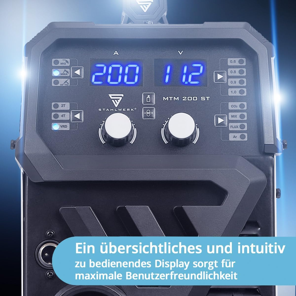 STAHLWERK Schutzgasschweißgerät 3-in-1 Kombi MTM-200 ST – Vollausstattung – WIG, MIG/MAG, MMA/E-Hand bis 200 A, synergischer Drahtvorschub, 4-Rollen-Antrieb, Fülldraht geeignet, Stahl, Dünnblech