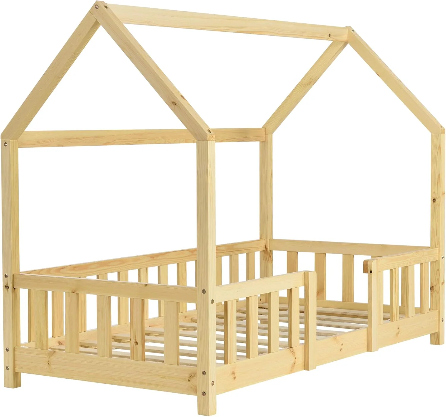 [en.casa] Letto per bambini Sisimiut a capanna 80 x 160 cm con protezione anticaduta letto in legno per bambini letto a terra rete a doghe in legno di pino Bianco opaco