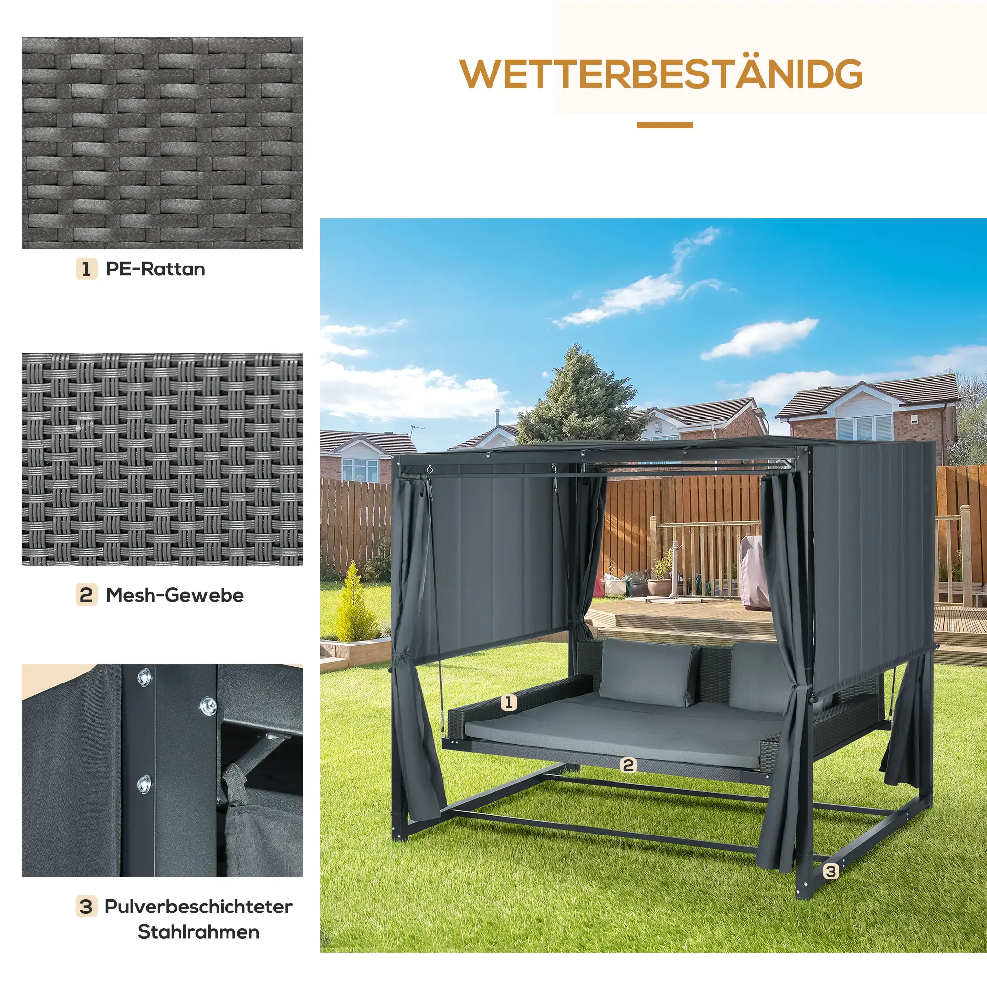 Outsunny Hollywoodschaukel Outdoor 3-in-1 mit Baldachin & Sichtschutz