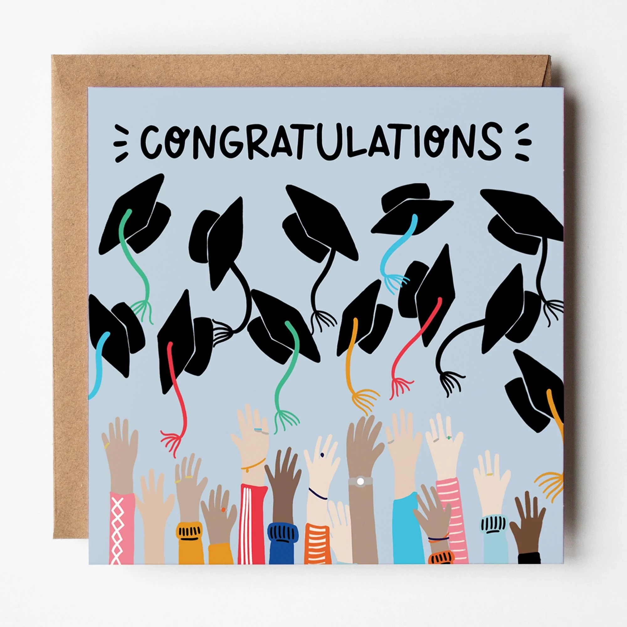 Graduation Card: Congratulations, Hats and Hands Design, with Kraft Envelope