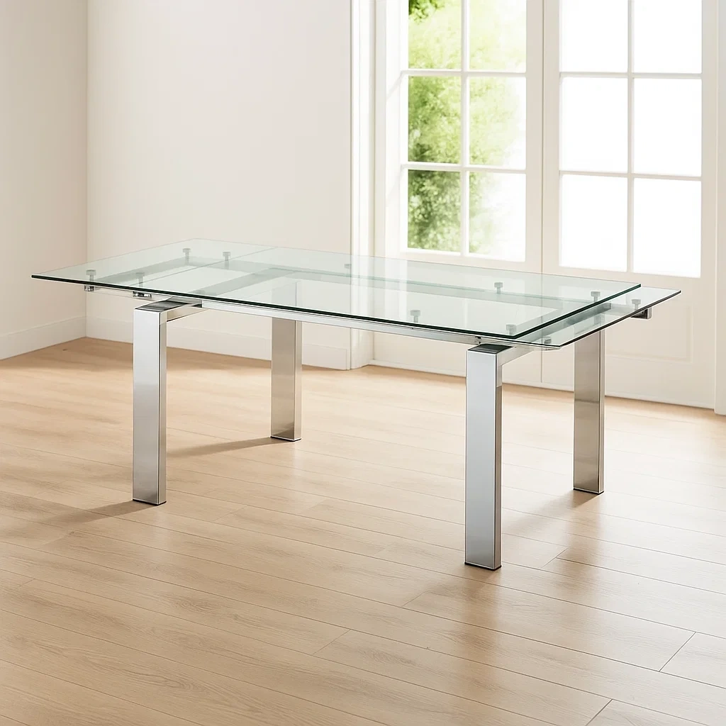 Udtrkkeligt spisebord i slv og gennemsigtigt hrdet glas og rustfrit stl til indendrs brug, 18010076 cm - M68rSC603sPC