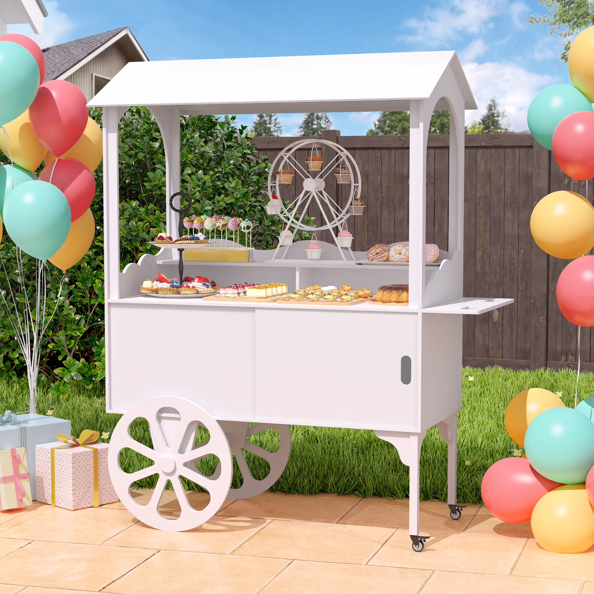 Candy Cart with Wheels for Party��Wood Dessert Cart with Storage Cabinet