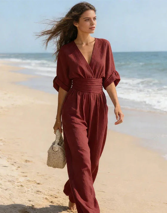 Women��s Elegant Wide-Leg Jumpsuit Wrap-Style Design