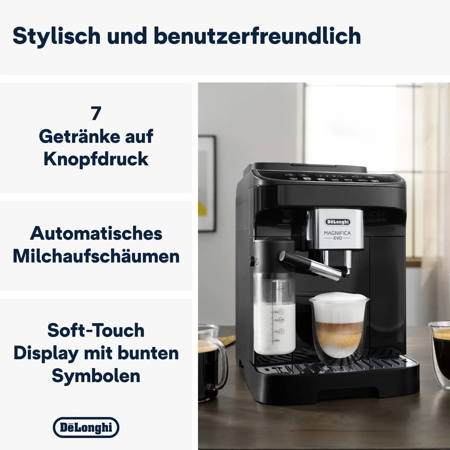 De'Longhi Magnifica Evo Next ECAM312.80.TB, Kaffeevollautomat mit 13 Getränken (Cappuccino, Espresso, Latte Macchiato), 2,4'' TFT Farbdisplay, LatteCrema Milchsystem, 2-Tassen-Funktion, Titan