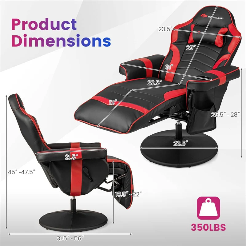 Ergonomic Gaming Recliner Chair with Massage, Retractable Footrest & Cup Holder, Height Adjustable Racing Style Swivel Video Game Chair