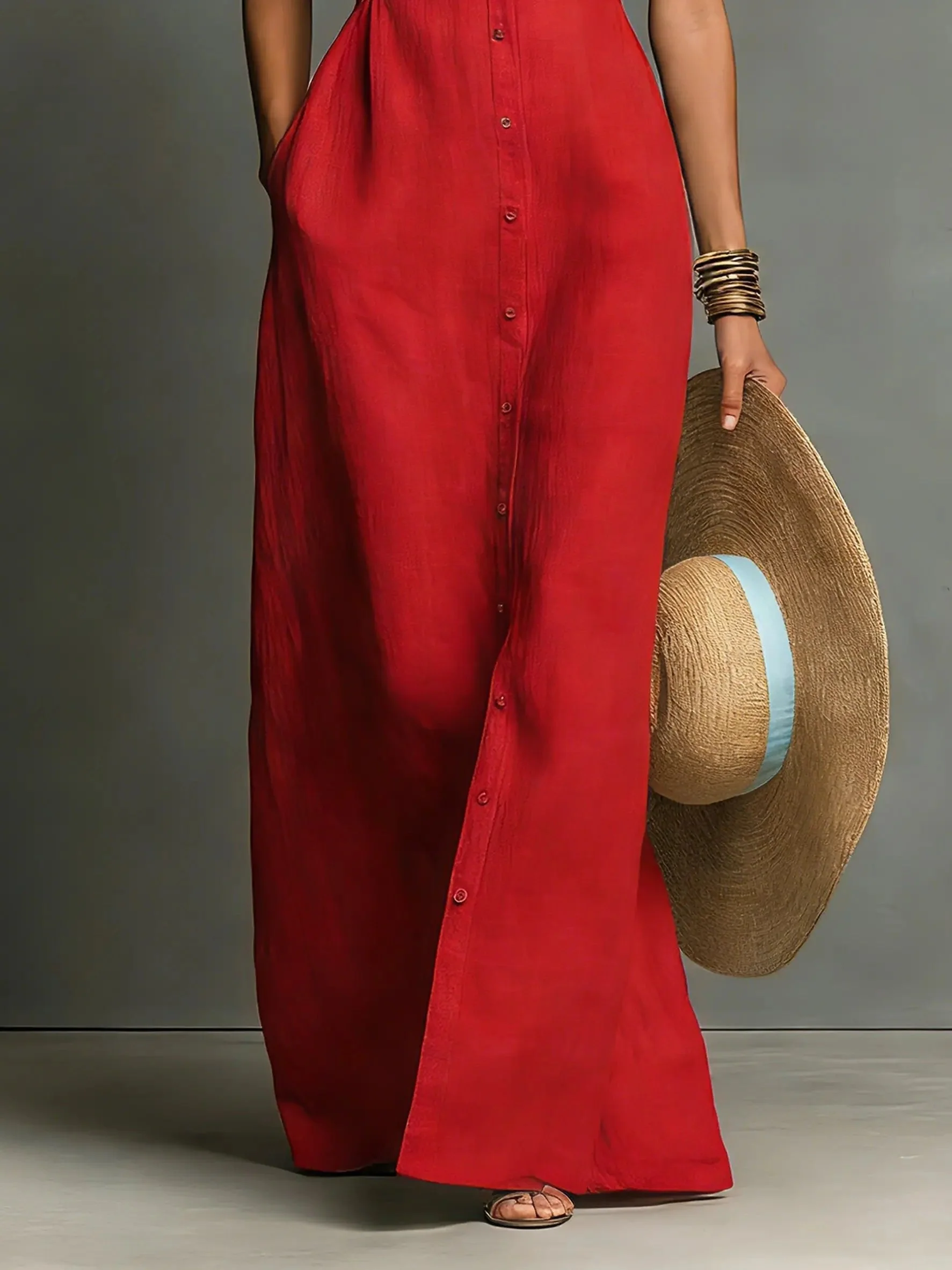 Women��s Sleeveless Maxi Dress Collared Button-Front Linen Design