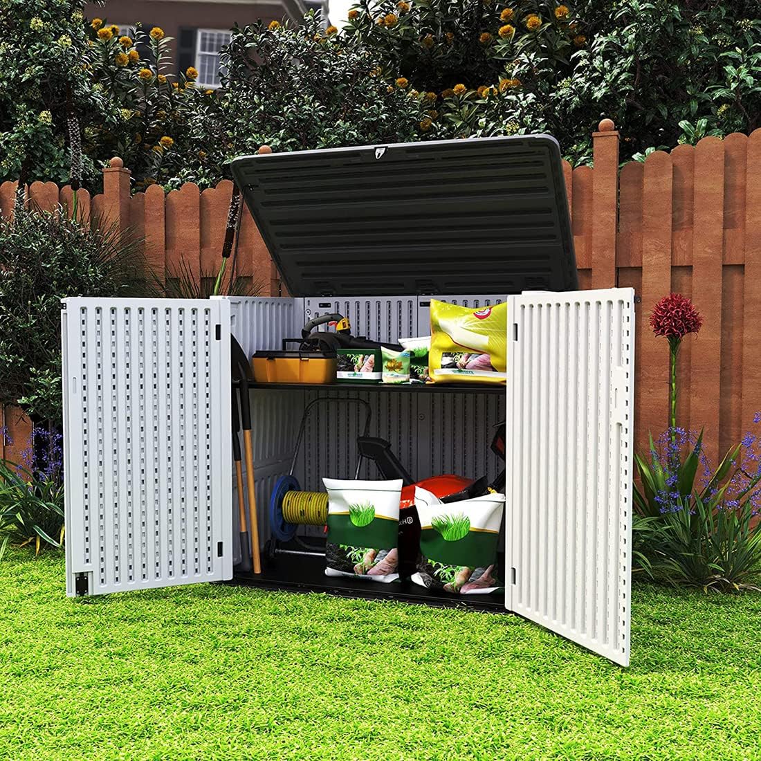 KINYING Larger Outdoor Storage Shed Weather Resistance  Horizontal Outdoor Storage Box Waterproof for Garden  Patios  Backyards  48 Cu.ft Capacity for Garbage Cans  Lawn Mower  Garden Tools