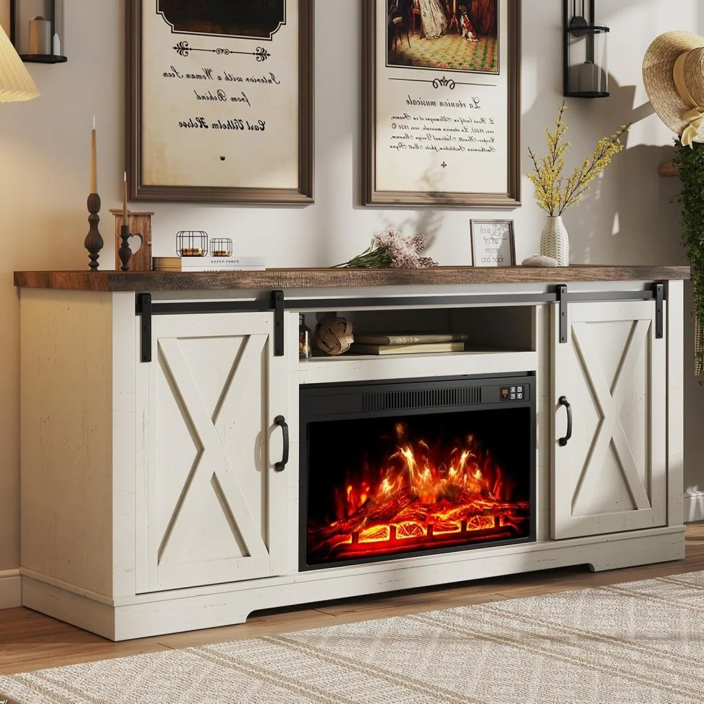 AMERLIFE Fireplace TV Stand with Sliding Barn Door for TVs up to 73", Farmhouse 63" Fireplace Entertainment Center with Storage Cabinets/Adjustable Shelves