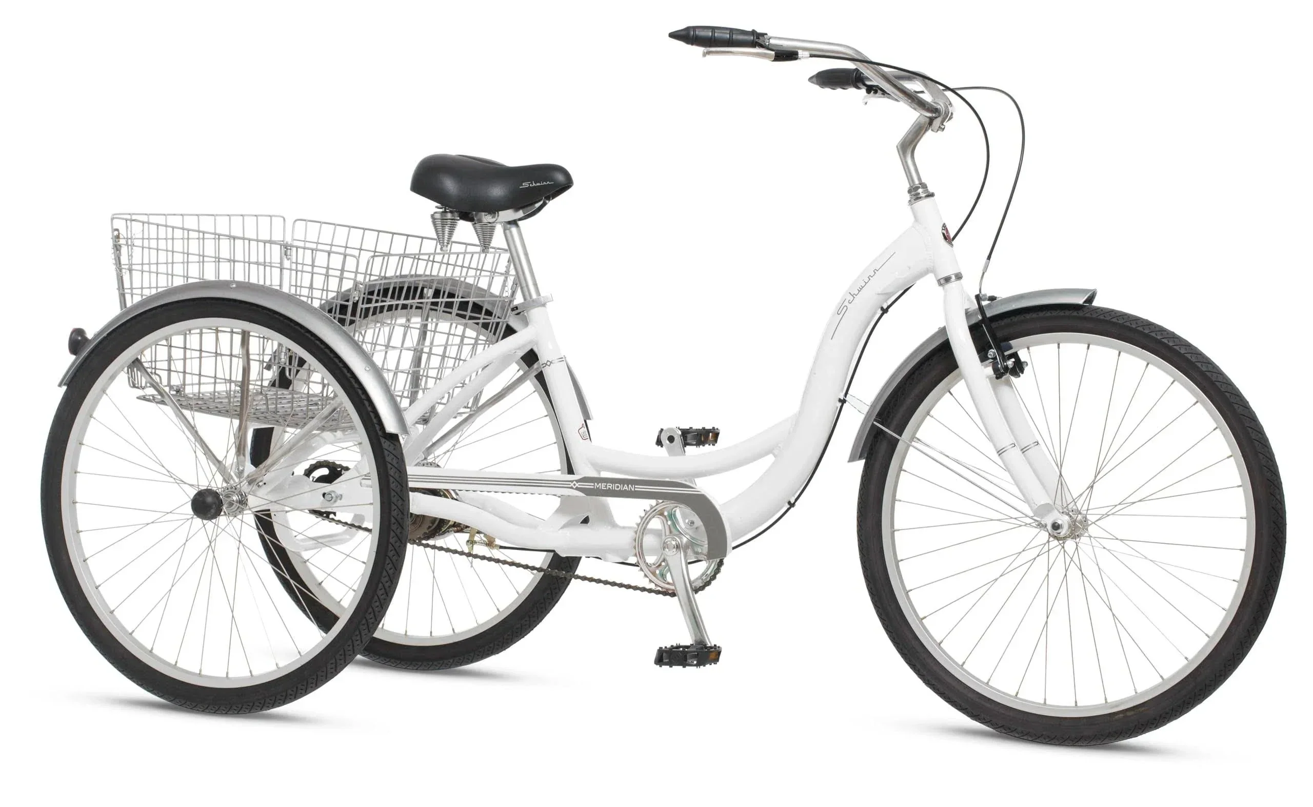 2025 Schwinn Meridian Adult Tricycle, Men's and Women's Beach Cruiser, 26-inch Wheels, Low Step-Through, Wide Saddle, Folding Rear Basket.