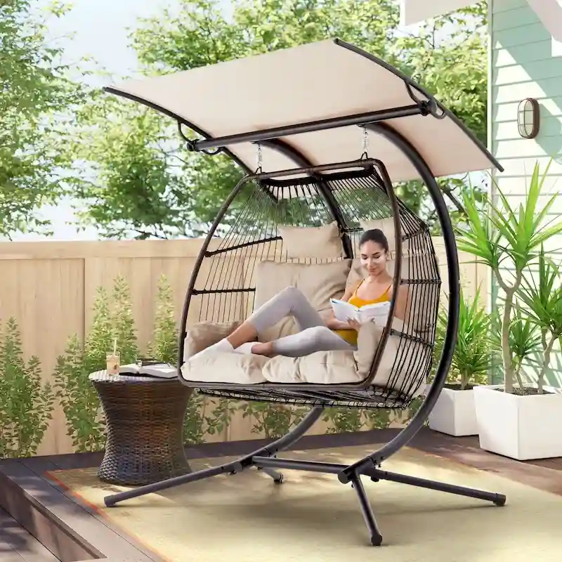 Outdoor Swing Loveseat with Stand, Foldable Hanging Chair, Hammock Cushion, and Awning, Double Egg Chair - Beige