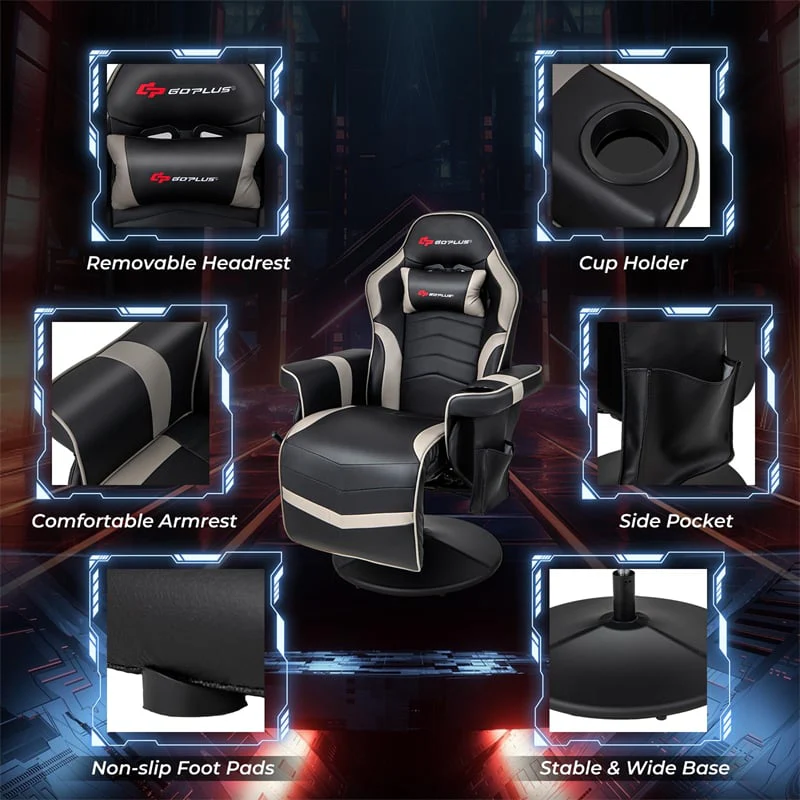 Ergonomic Gaming Recliner Chair with Massage, Retractable Footrest & Cup Holder, Height Adjustable Racing Style Swivel Video Game Chair