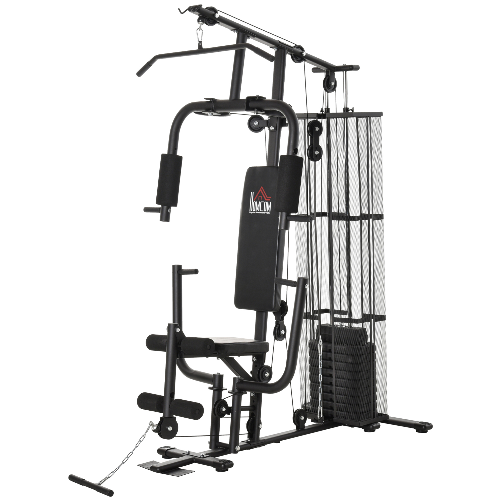HOMCOM Gym Krachtstation Fitnessstation Multigym Fitnesscentrum Fitnessapparatuur incl. gewichten Latzug Beincurl Metaal PU-kunstleer zwart 150 x 110 x 210 cm