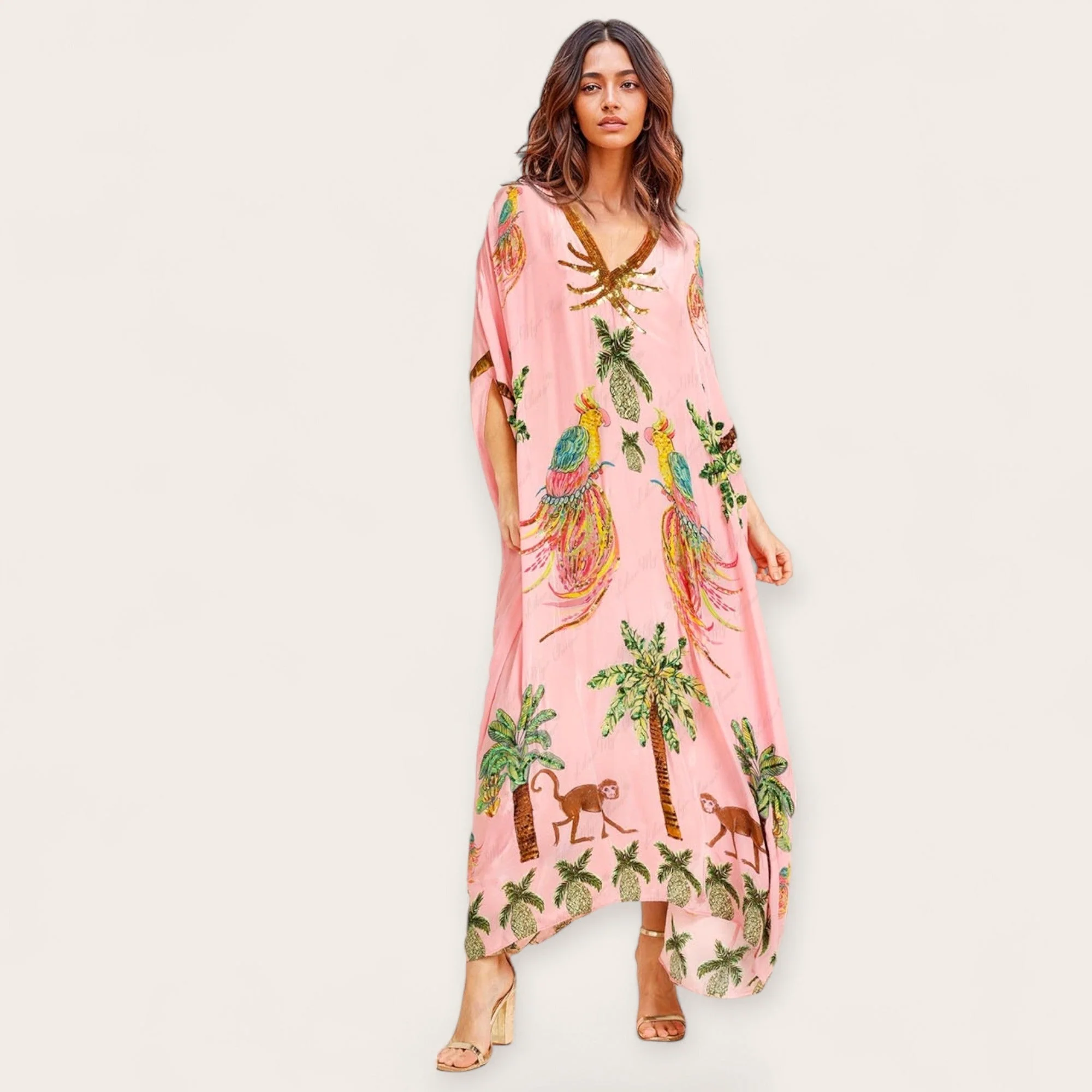 Women��s Tropical Print Kaftan Dress Loose-Fitting Summer Style