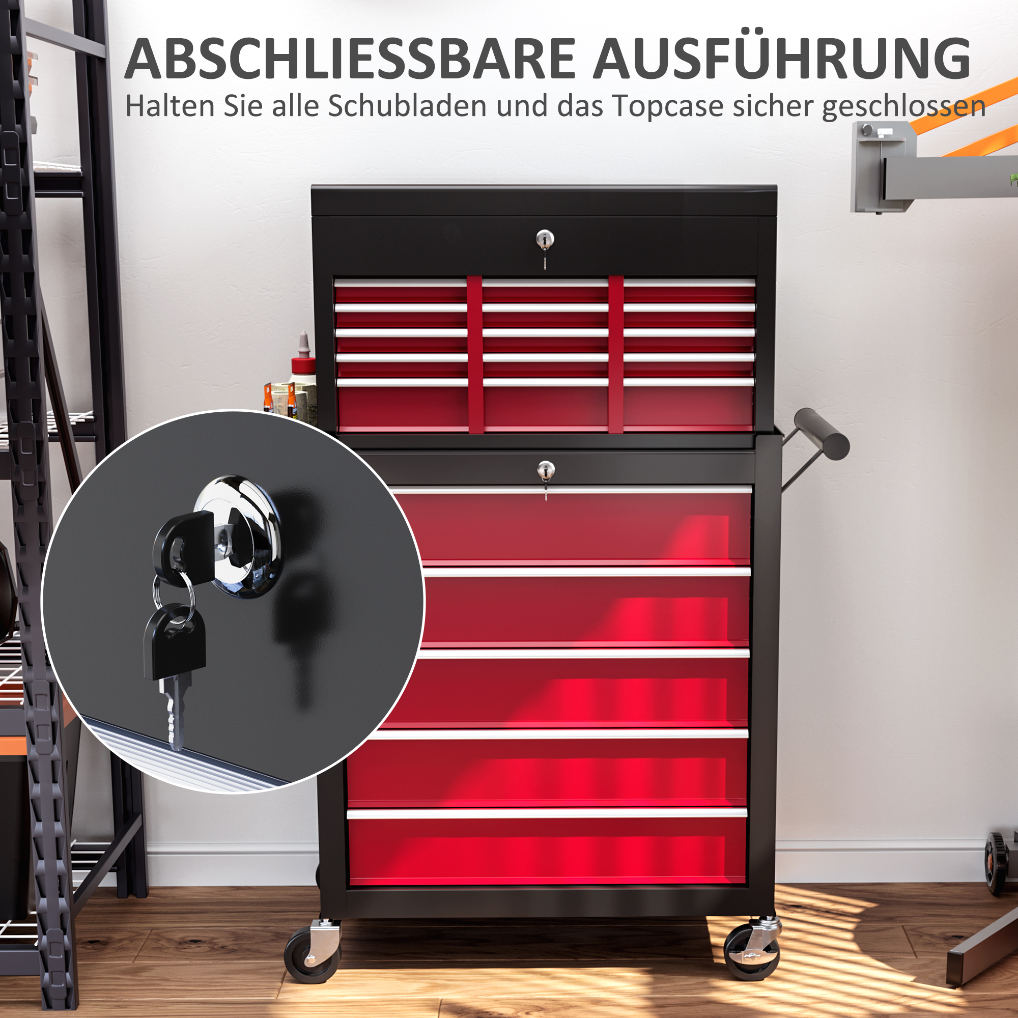 HOMCOM Gereedschapswagen, Tweedelig, Afsluitbaar, 14 Laden, Zijwand met Gaten, Staal, Rood