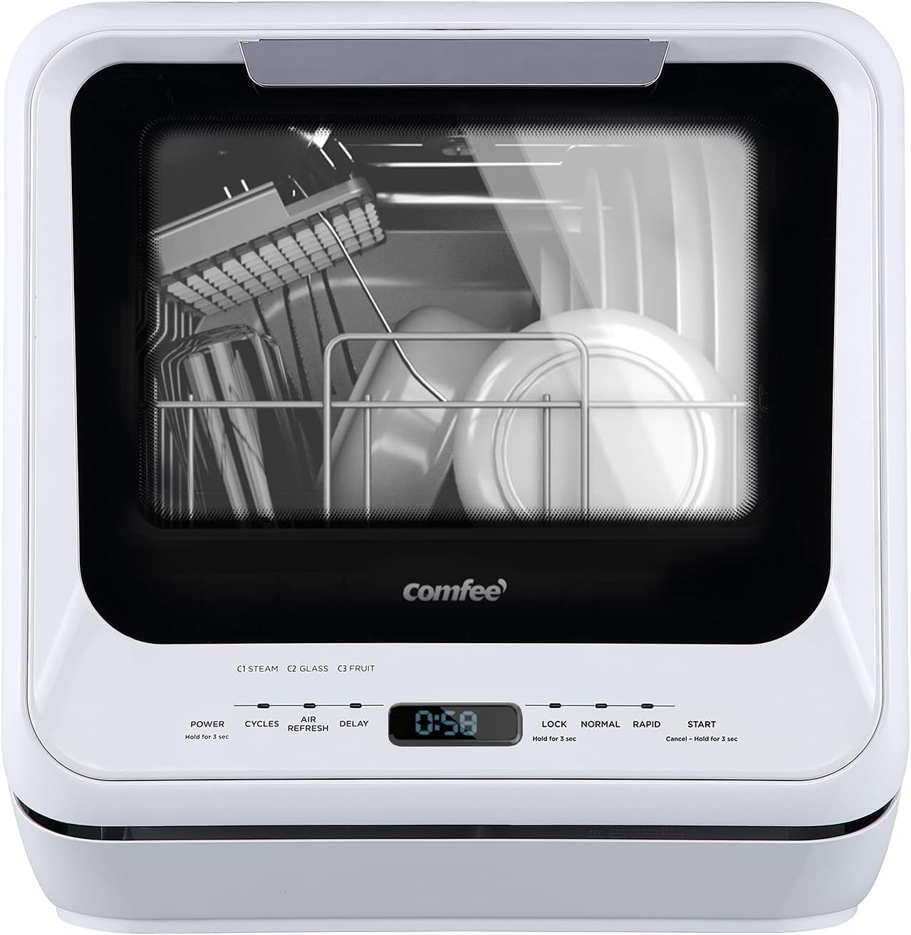 COMFEE' Portable Dishwasher Countertop with 5L Built-in Water Tank, No Hookup Needed, 6 Programs, 360° Dual Spray, 192�?High-Temp& Air-Dry Function, Mini Dishwasher for RVs, White
