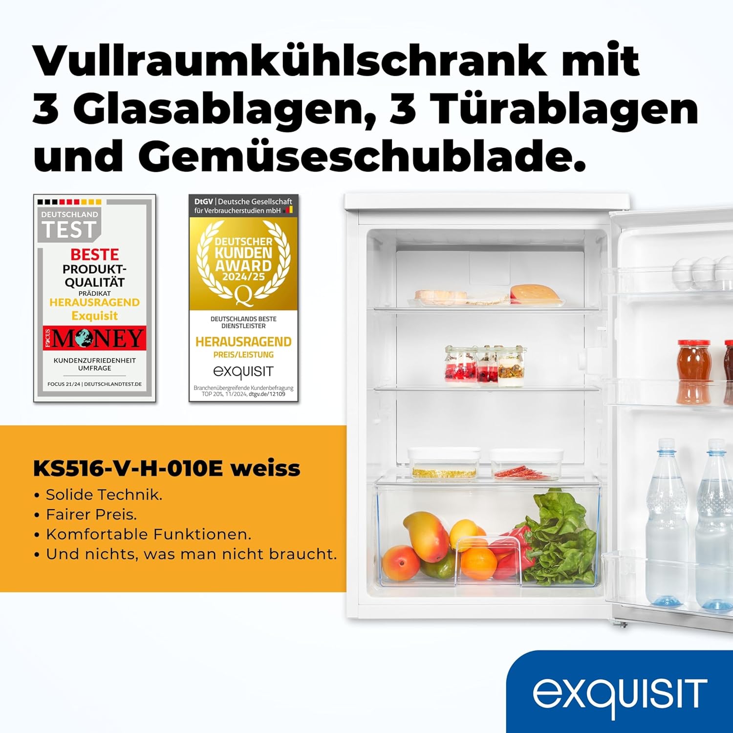 Exquisit Kühlschrank ohne Gefrierfach, 133 Liter, Vollraumkühlschrank freistehend, Türanschlag Wechselbar, KS516-V-H-010E weiss