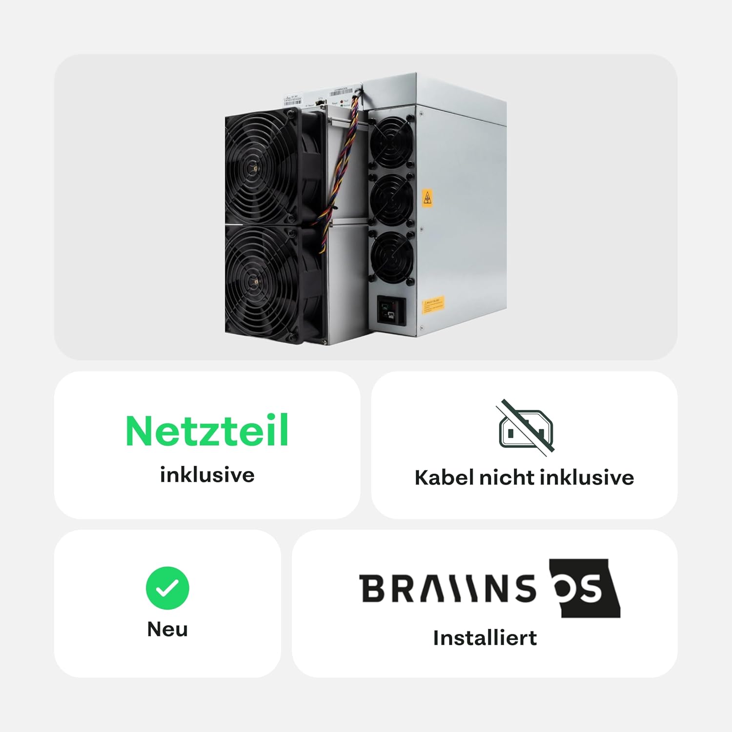 Bitmain Antminer S21 Bitcoin Miner 2.642 W | 151 TH/s | Krypto/ASIC Miner | Braiins OS mit Autotuning für mehr Effizienz 17,8 J/TH | inkl. Netzteil & Stromkabel | BTC Miner
