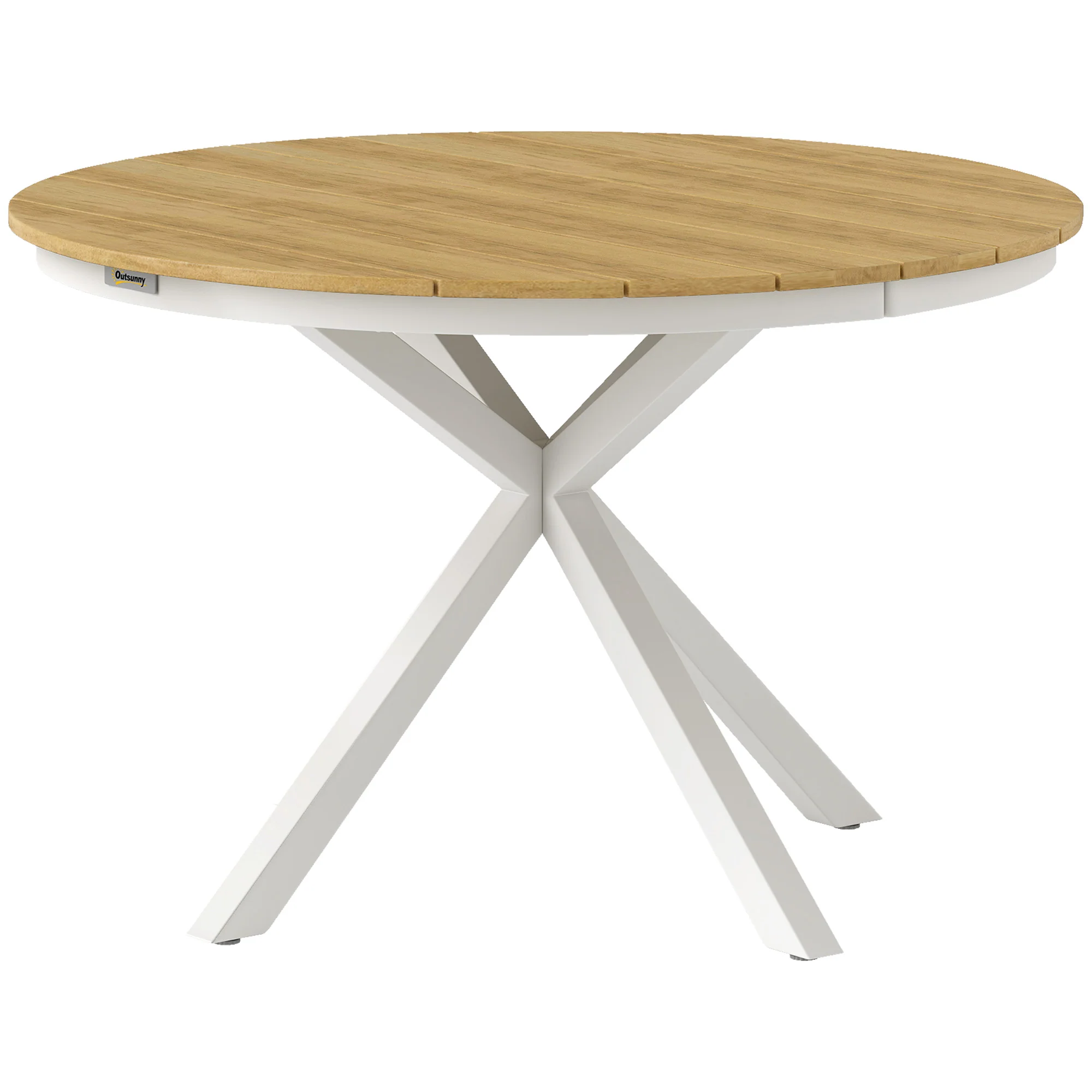 Outsunny Tuintafel Ø118cm, Weerbestendig Balkontafel uit Aluminium, Bijzettafel met Kruispoten Latontwerp Teak