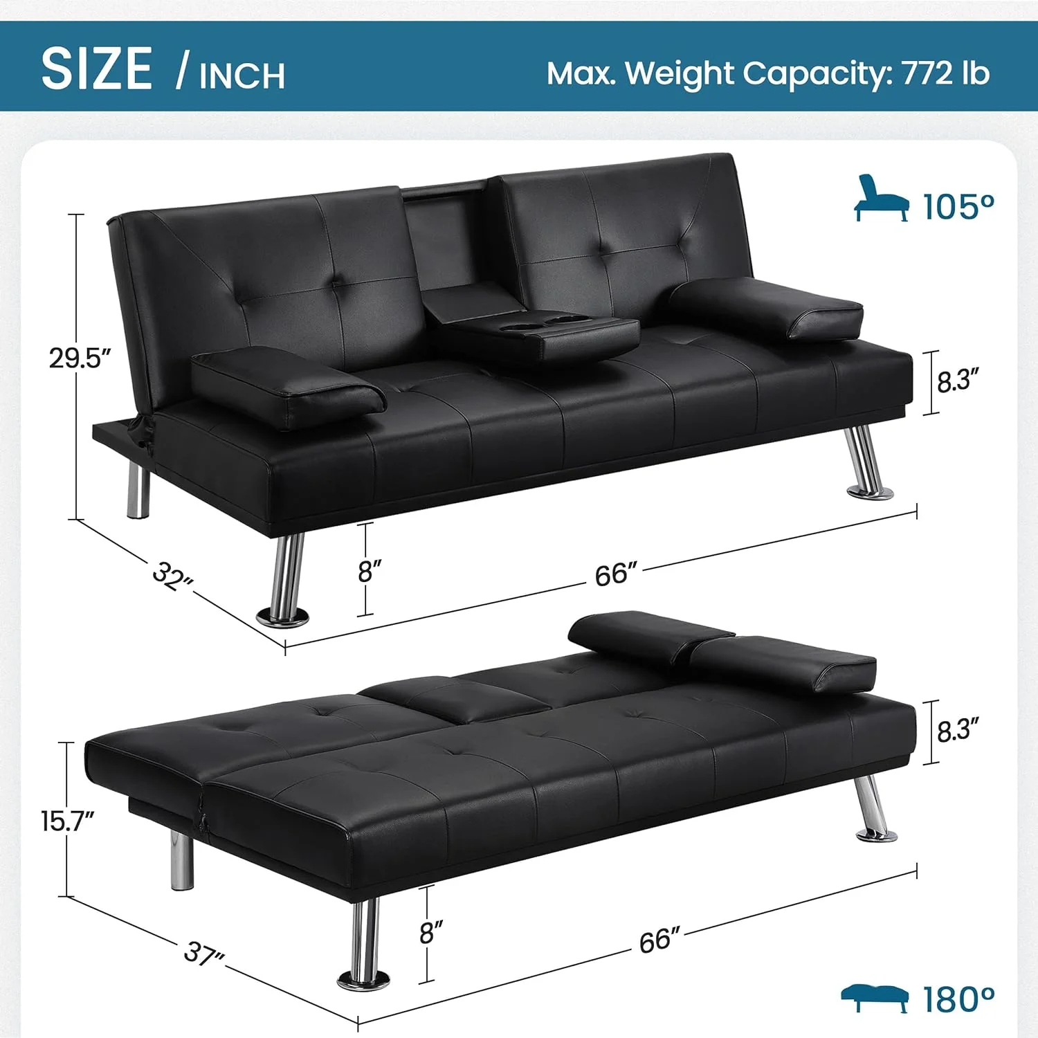 Yaheetech Convertible Sofa Bed Adjustable Couch Sleeper Modern Faux Leather Home Recliner Reversible Loveseat Folding Daybed Guest Bed, Removable Armrests, Cup Holders, 3 Angles, 772lb Capacity, Black