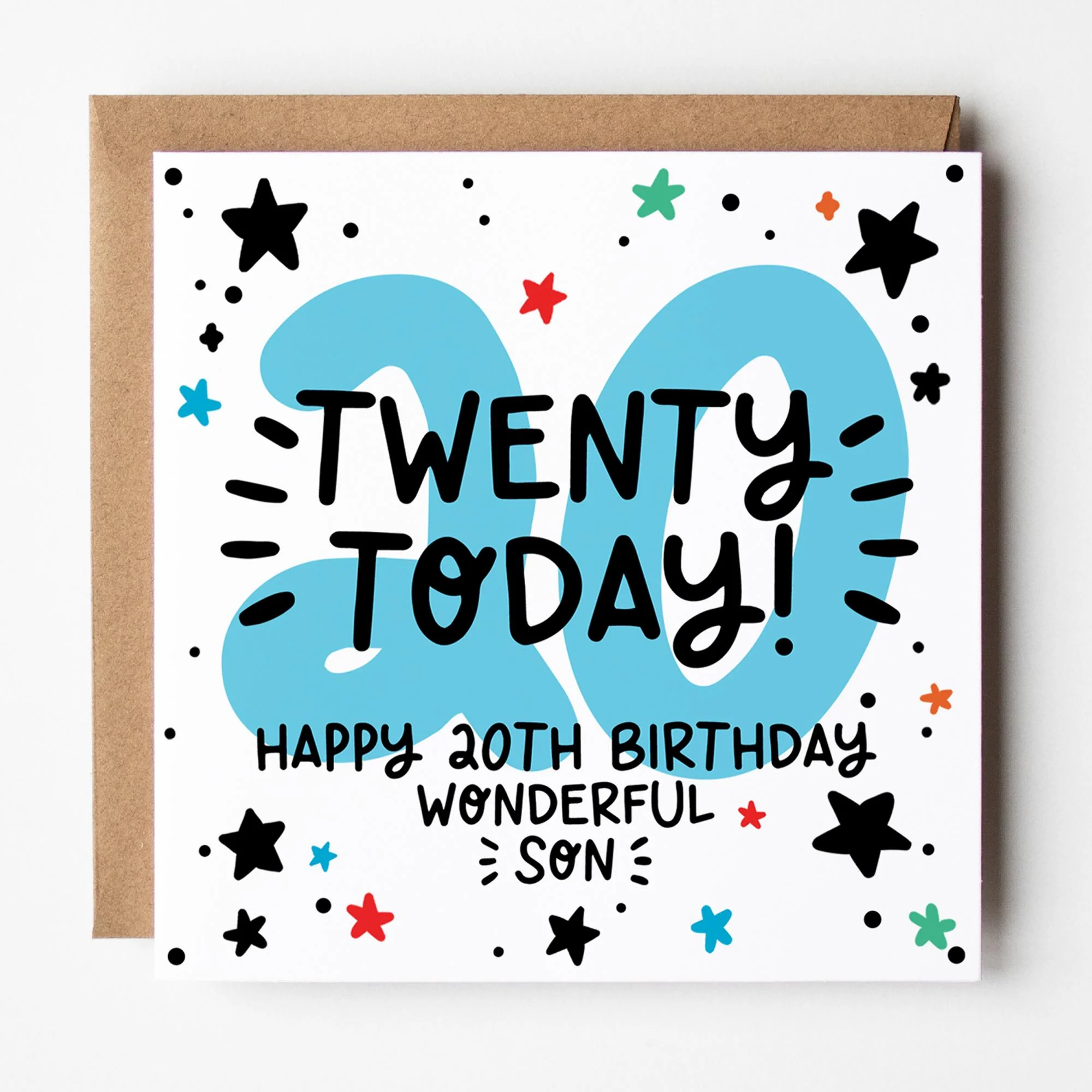 Son's 20th Birthday Card: Blue 20, with Kraft envelope