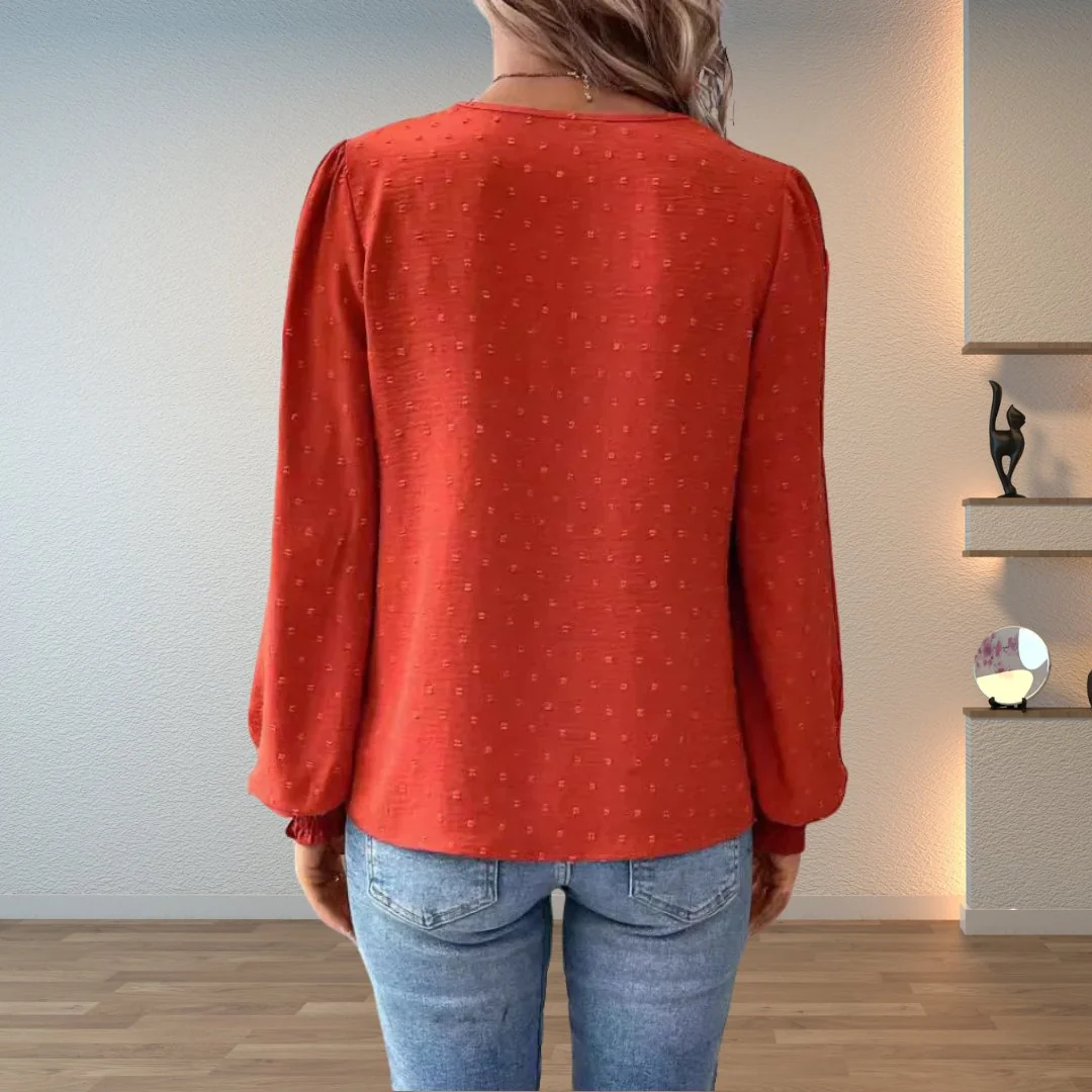 Women��s Lace-Bodice V-Neck Blouse with Smocked Cuffs and Long Sleeves
