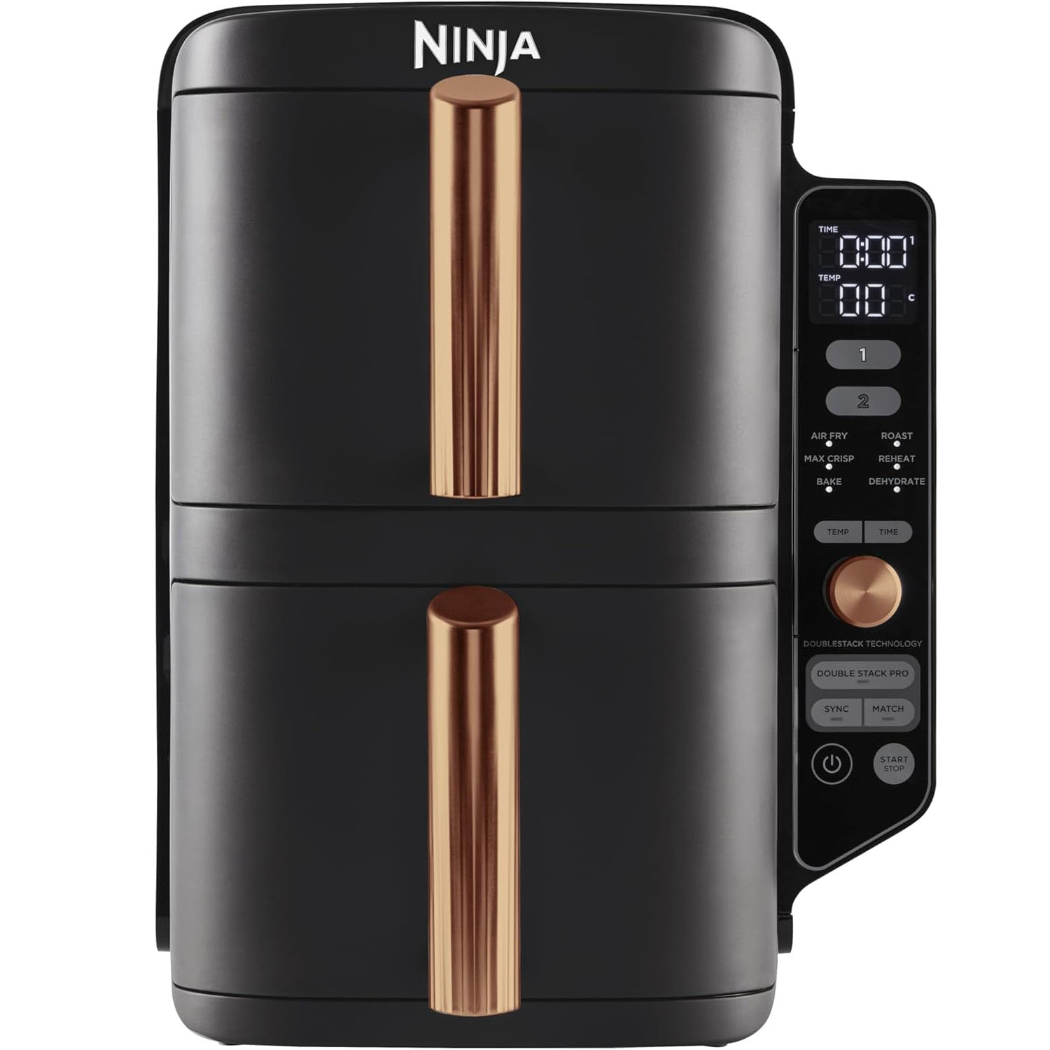NINJA Double Stack XL Air Fryer, Friteuse sans huile Verticale Double Tiroir 4 Niveaux de Cuisson, 2 Tiroirs, 2 Grilles, Capacité de 9,5 L, 6 Fonctions, 8 Portions, Pinces, Noir/Cuivre SL400EUCP