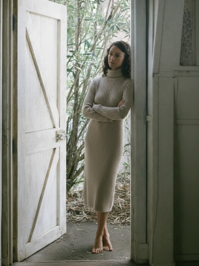 Women��s Ribbed Knit Turtleneck Dress Relaxed Fit Above Knee Length