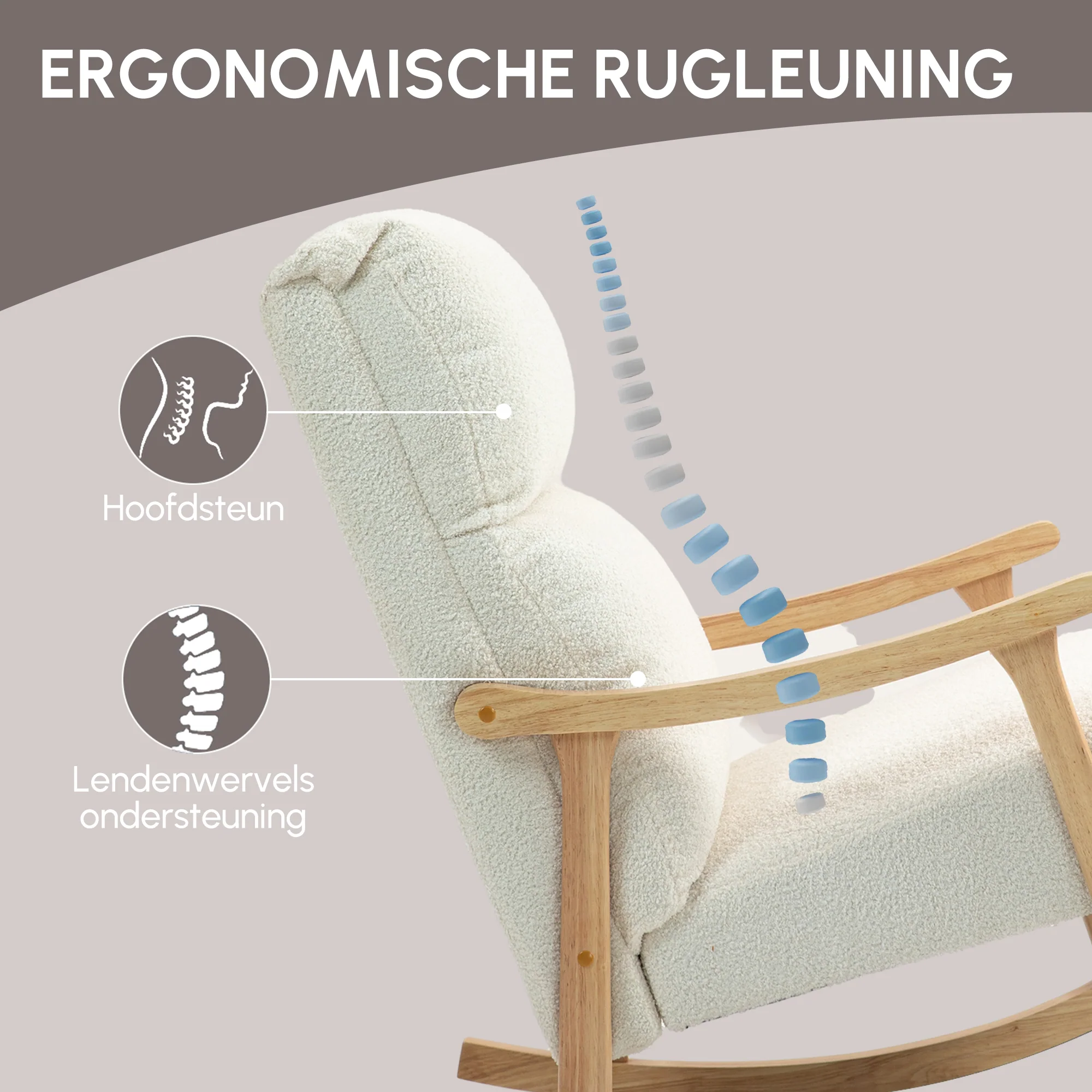 HOMCOM Schommelstoel met Fluweelachtige Bekleding, Ergonomische Rugleuning, Belastbaar tot 120 kg, 65B x 90T x 98H cm, Roomwit