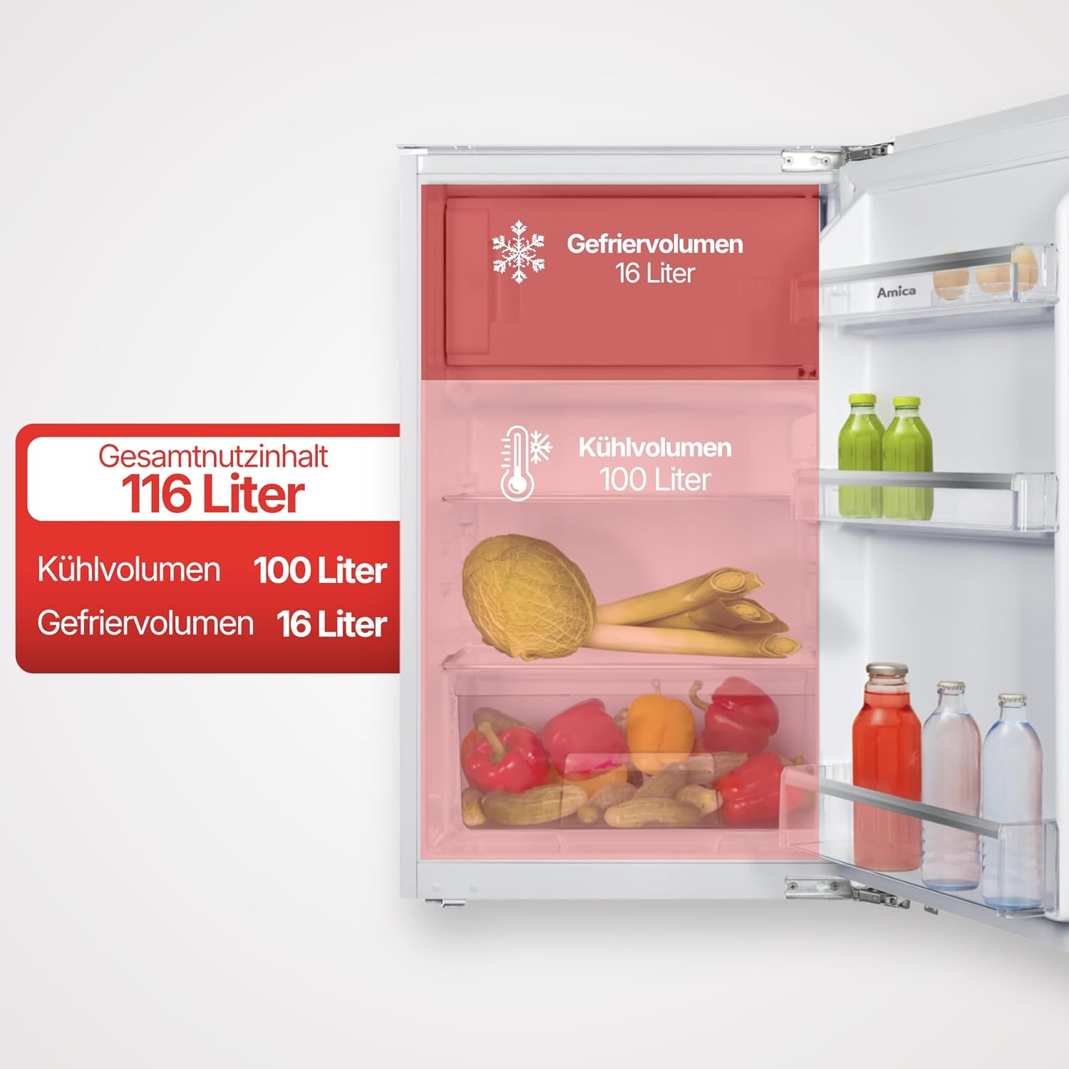 Amica Einbau‑Kühlschrank mit Gefrierfach Festtür‑Technik 880 mm Nische elektronische Steuerung Inverter‑Motor LED Beleuchtung 87,1 x 54 x 54 cm – Einbau Kühl Gefrierkombination