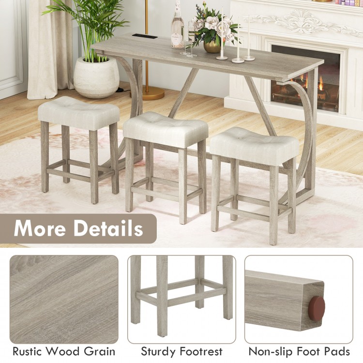 4-Piece Bar Table Set with Power Outlet and Upholstered Saddle Seat Stools