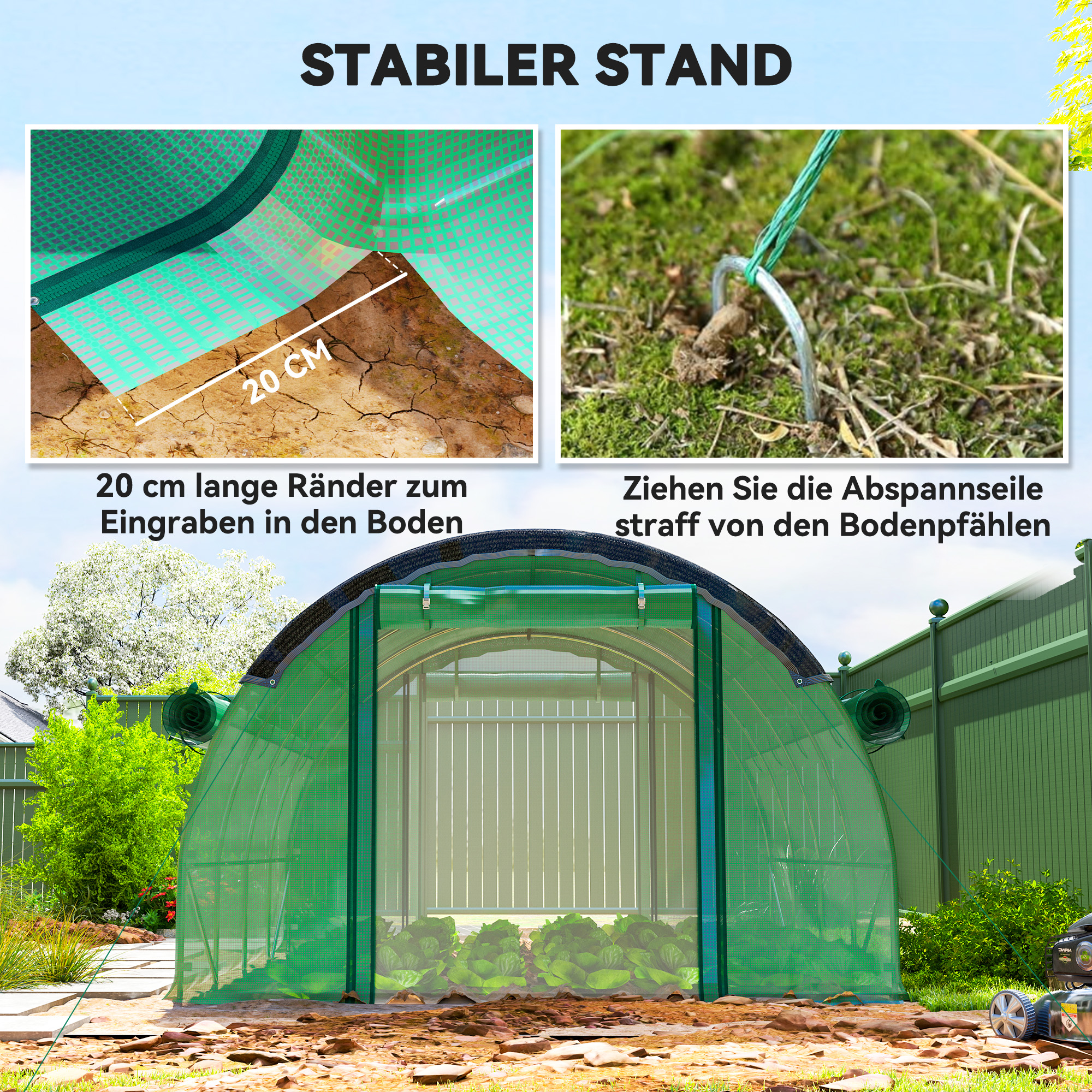 Outsunny 4 x 3 x 2 m Polykastunnel met Zonneschermnet, Oprolbare Zijwanden, Plastic Afdekking, Stalen Frame, Groen