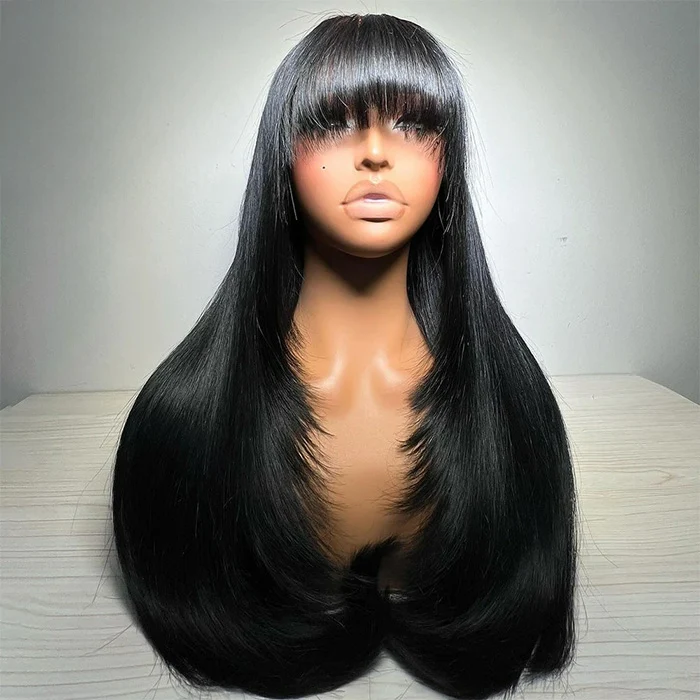 Silky Straight Layered Cut Glueless Wig With Bangs HD Lace Lace Front Human Hair Wig 16-26 Inches