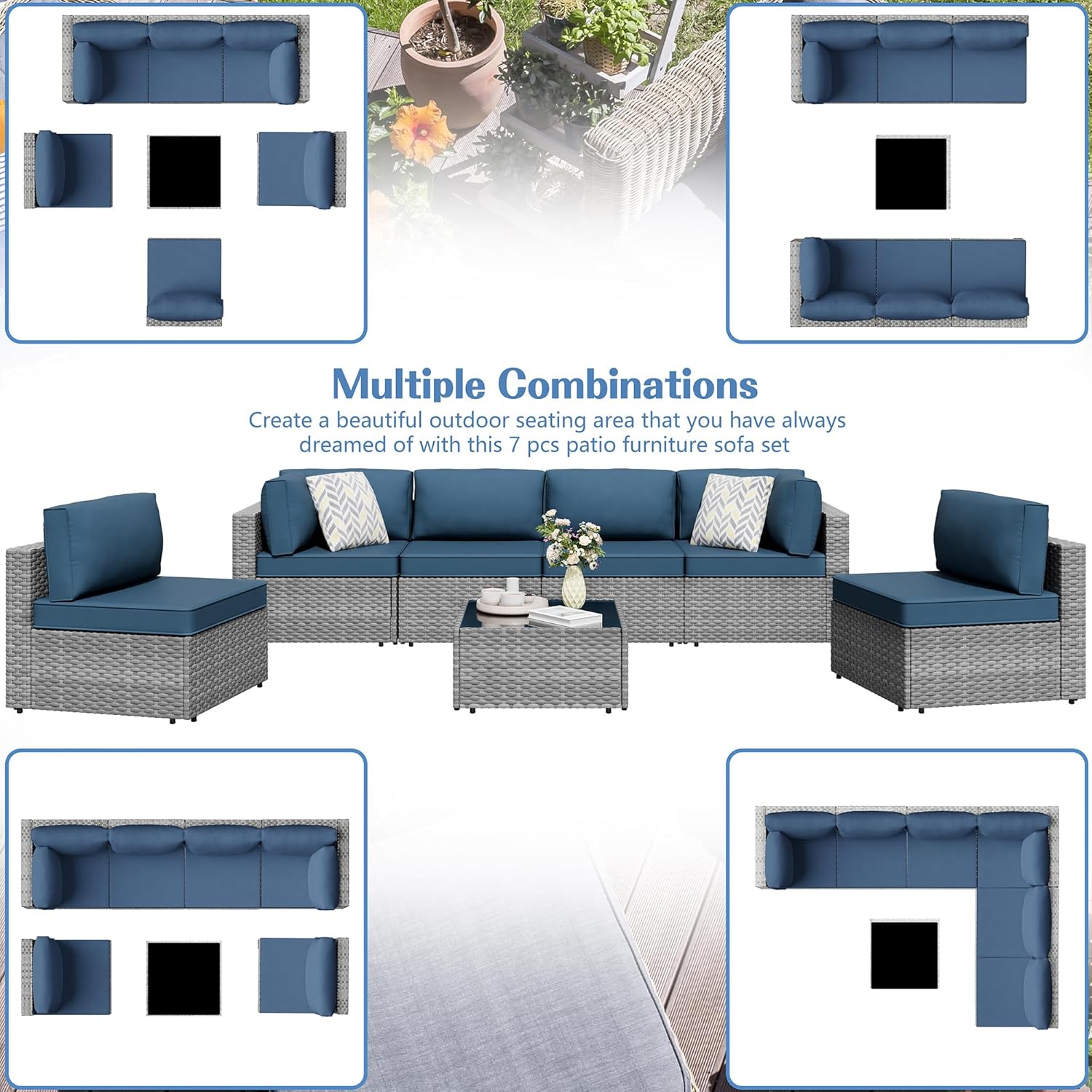 Shintenchi 7 Pieces Outdoor Patio Furniture Sets, Patio Sectional Sofa Couch, Gray PE Wicker Furniture Modular Patio Conversation Sets Patio Sofa with Washable Cushions, Aegean Blue
