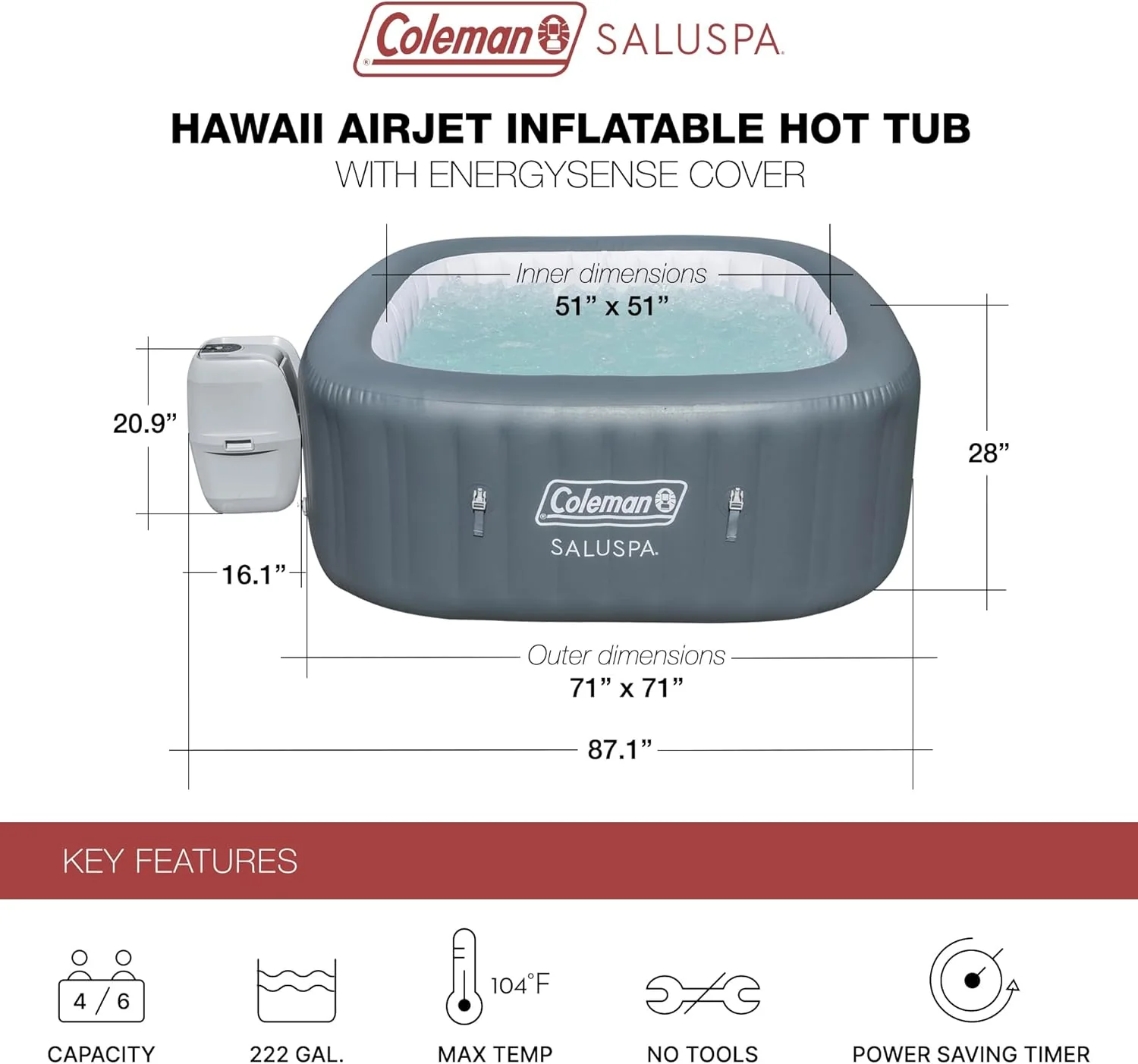 Coleman SaluSpa Atlantis AirJet 4 to 6 Person Inflatable Hot Tub Square Portable Outdoor Spa with 140 Soothing Jets with Cover, Blue