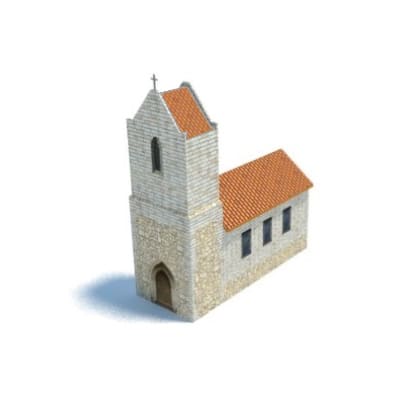 Church (red tile roof, side tower)