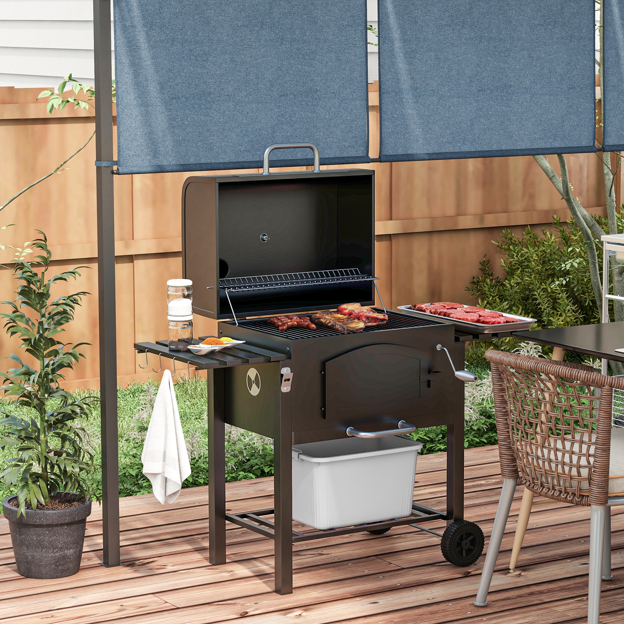 Houtskoolgrill BBQ-Grill Smoker, verstelbare koolstoffen, zijtafels, 124 x 66 x 112 cm, Zwart