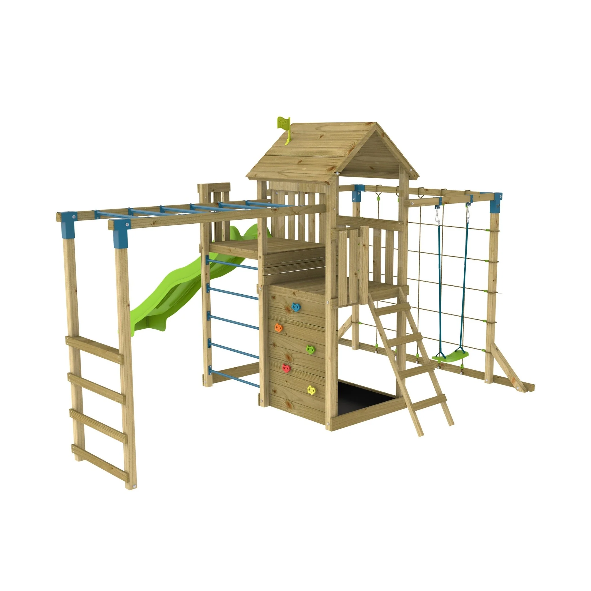 TP Skywood Houten Klimrek met Super Golvenglijbaan, Sky Deck, Klimrek en Skyline met Rapide Schommelzit �C FSC? gecertificeerd