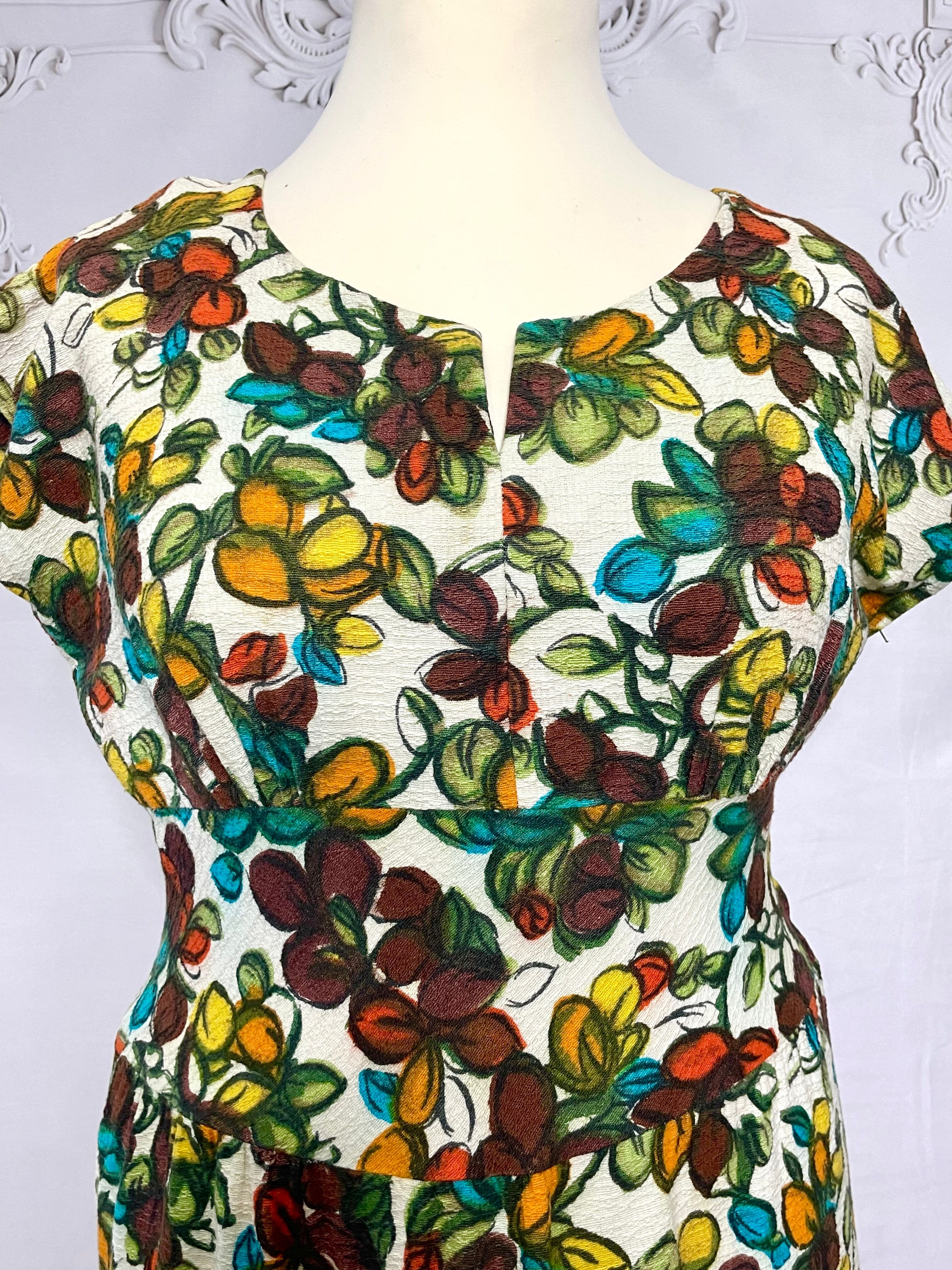 1940s Barkcloth Autumnal Leaves Dress