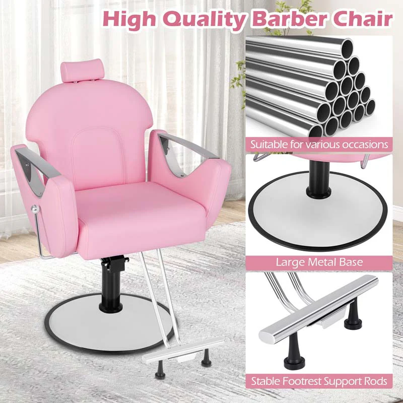 Reclining Barber Chair, 360° Swivel Salon Chair with Heavy Duty Hydraulic Pump, Adjustable Height & Headrest for Hair Styling, Makeup, Tattoo