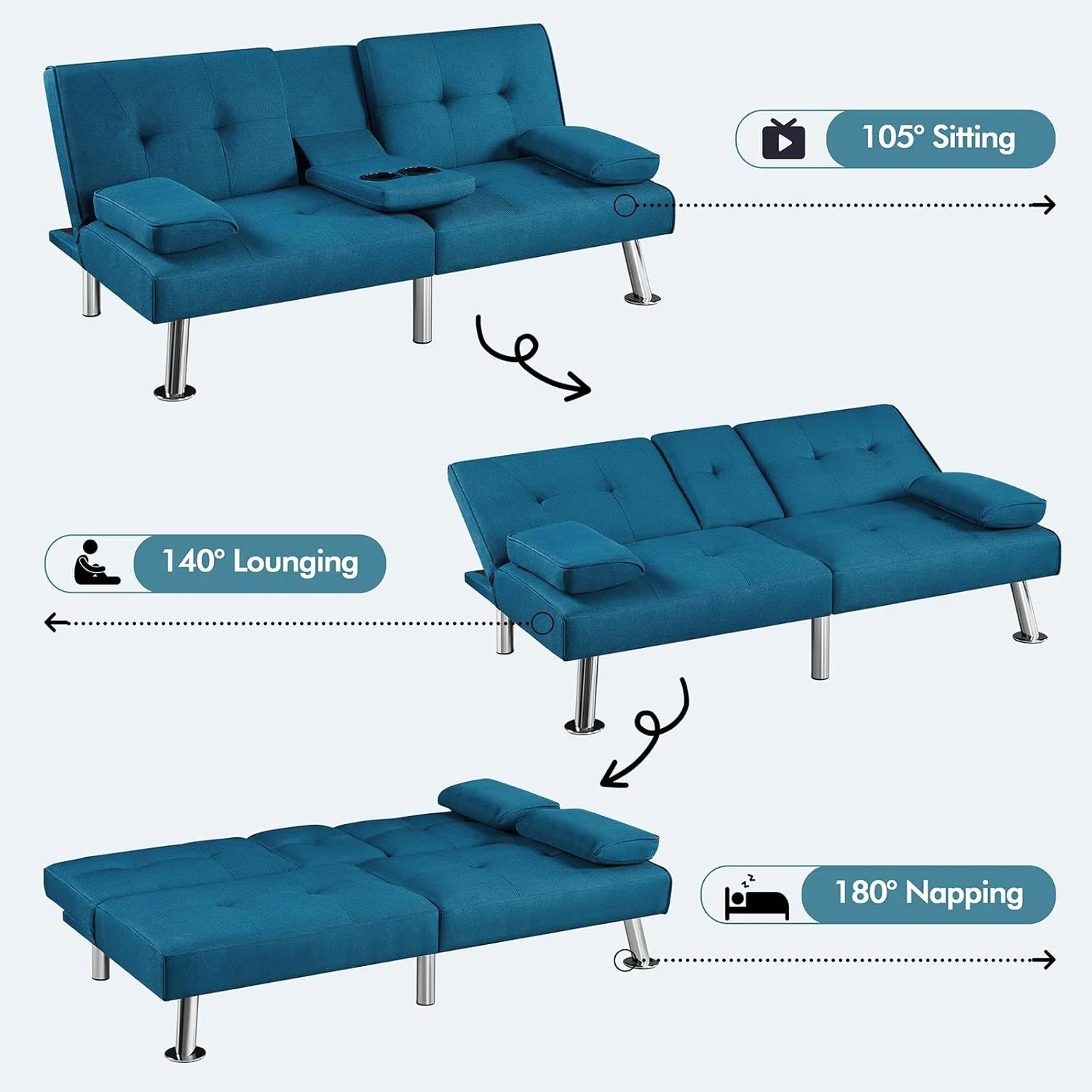 Yaheetech Convertible Sofa Bed Adjustable Couch Sleeper Modern Faux Leather Home Recliner Reversible Loveseat Folding Daybed Guest Bed, Removable Armrests, Cup Holders, 3 Angles, 772lb Capacity, Brown
